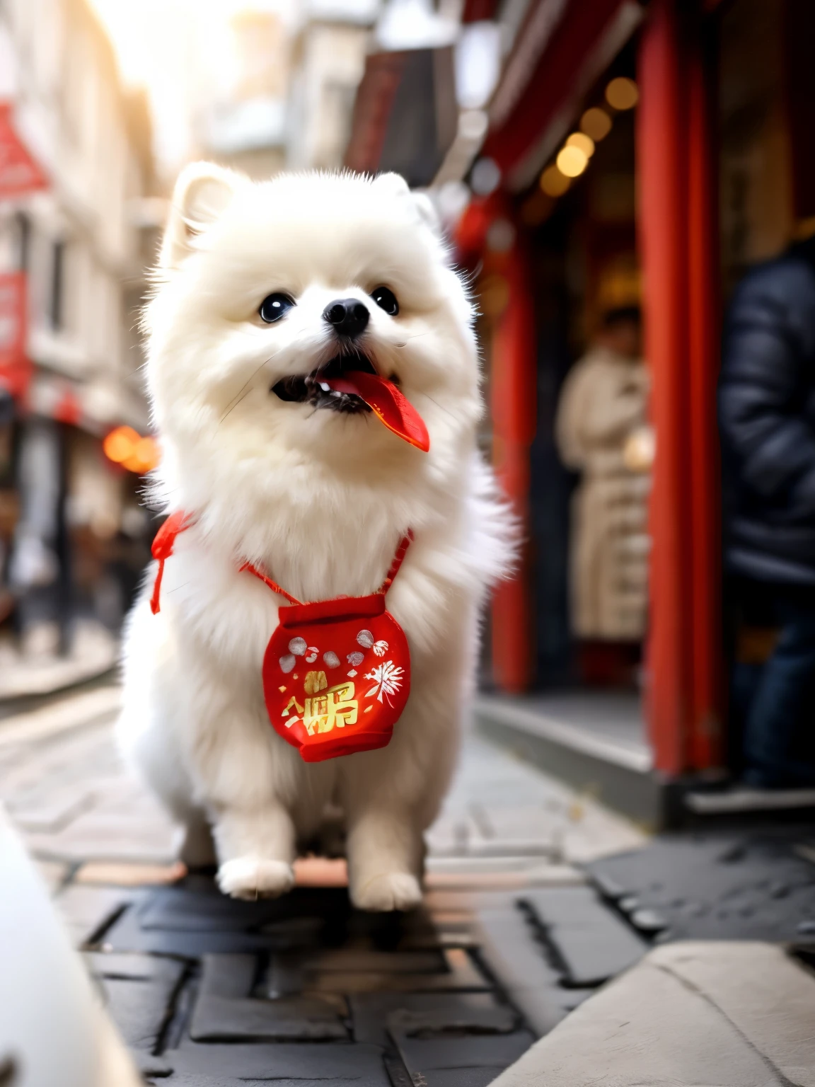 white cute Pomeranian dog, fluffy, Chinese new year, cartoon 