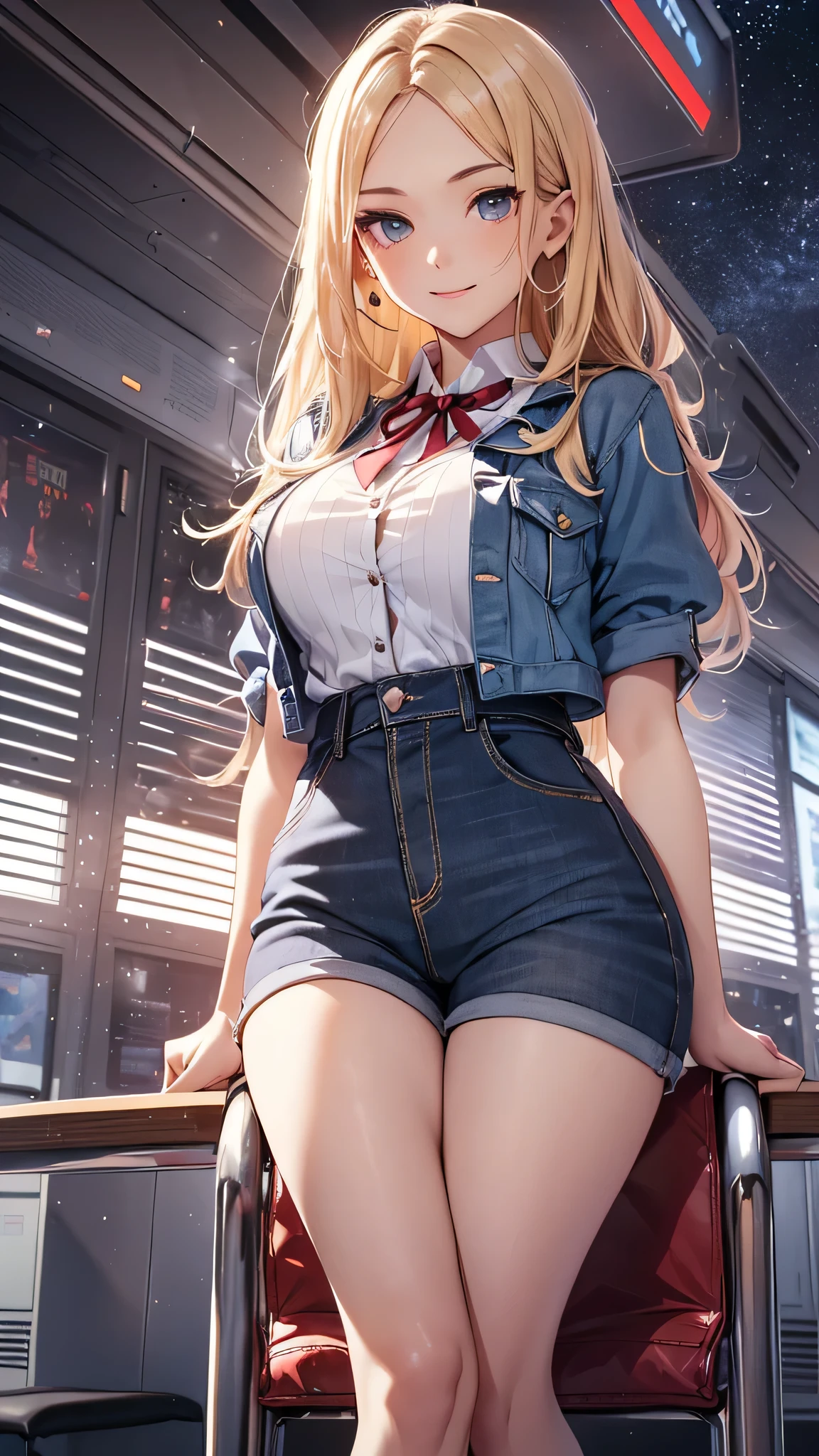 最high quality、best image quality、masterpiece、age girl((18-year-old、 By becoming、vest bust、medium bust,wide open breast tea、black eye, blonde hair、Habitual hair、long hair、thin,highest valley、blue shorts、smile、heart tattoo、Black Short Sleeve Jacket、sit on a chair、white shirt,)),high quality、beautiful art、background(On the plane、first class、red wine))、depth((window、night sky))debris flies、書かれた境界のdepth、movie、visual art、perfect art、8K,genuine
