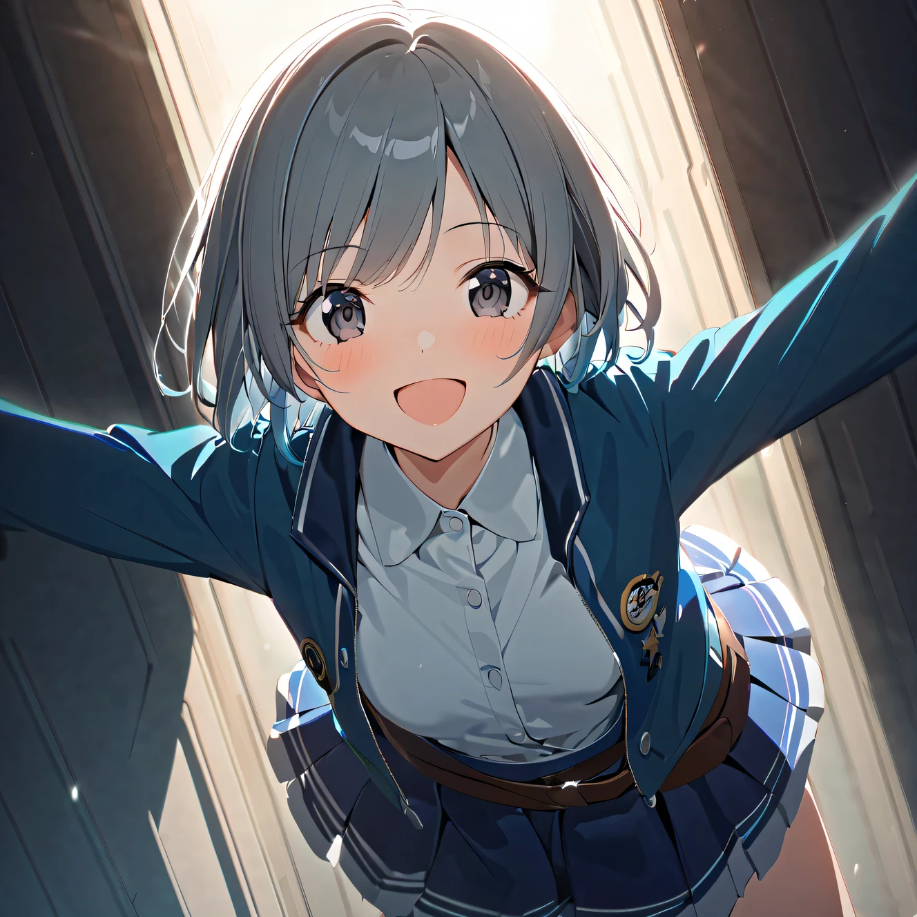 1girl Yi Cang_yuuki idolmaster_Cinderella_girl :D Arms_behind_back belt black_eyes are blue_belt blue_dress blue_jacket blue_Skirt blue_sky blush chest cloud sun point_Nose dress glint gray_hair jacket_forward long_sleeves looking_in_viewer open_clothes open_jacket open_mouth pleined_skirt school_uniform shirt short_hair skirt sky small_chest smile solo standing white_shirt
, masterpiece, highest quality, 8K,illustrinion,(detailed lighting),UHD, Anime Skins