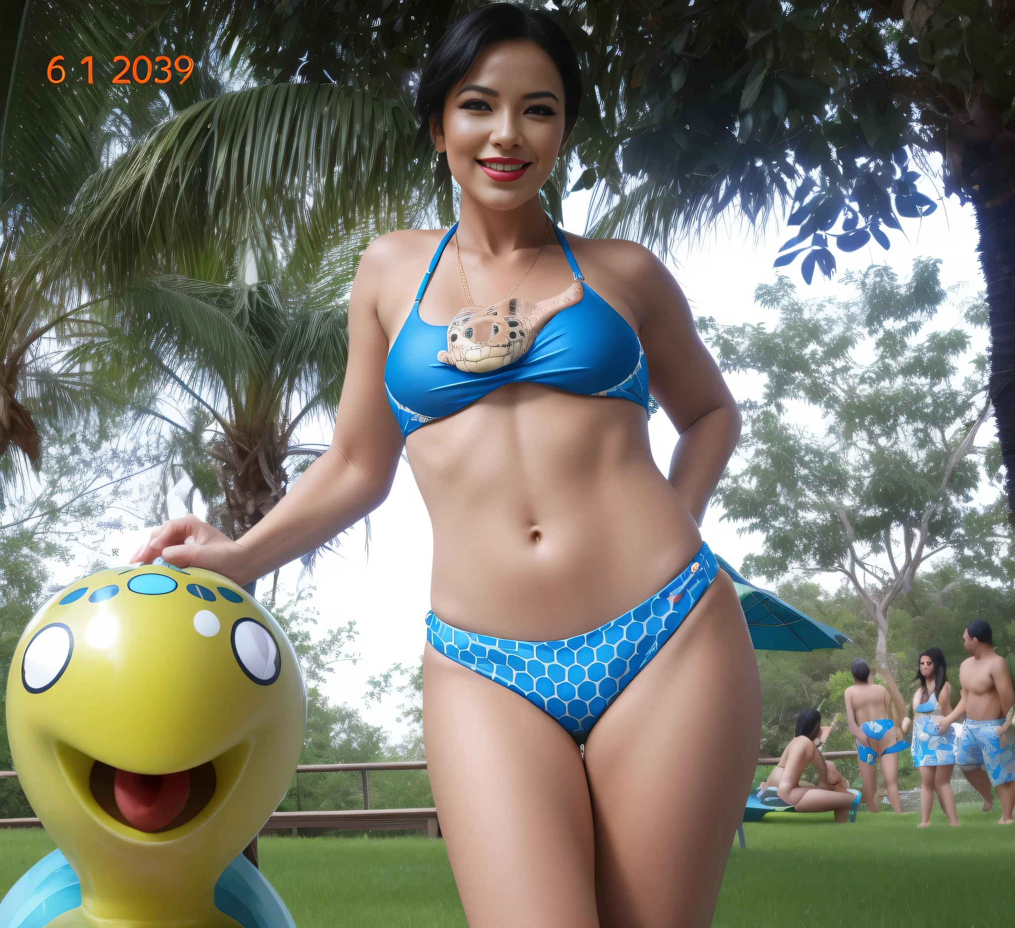 there is a woman in bikini standing next to a turtle, in bikini, full body photo in bikini, wearing a bikini de elastano, wearing two piece swimsuit, in bikini, Quadris mais largos, Quadris mais largos, wearing a bikini, quadris insanamente inflados, quadris largos, she is in a swimsuit, her navel is exposed, realistic bikini. Mulher com pele branca e cabelos escuros. ela tem cerca de 35 anos. your lips are slightly plump, your eyes are dark brown. Corpo fino, cintura fina. Altamente realista, Lindo, slightly full lips, batom cor de rosa, sorridente, hiperrealismo, pele muito elaborada. foto de corpo inteiro, Limpar foto, alta qualidade, high resolution, obra de arte, 8k.