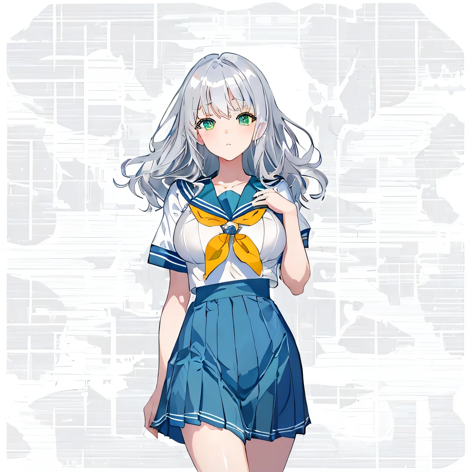 masterpiece, highest quality,figure,sailor suit,slanted eyes,straight hair,silver hair,side parted,super dense skin,beautiful and fine eyes,short sleeve shirt,green eyes,(big breasts:1.2), (A raised and well-defined bust:1.2), (Lifted chest:1.2), (perky chest :1.2),high school girl