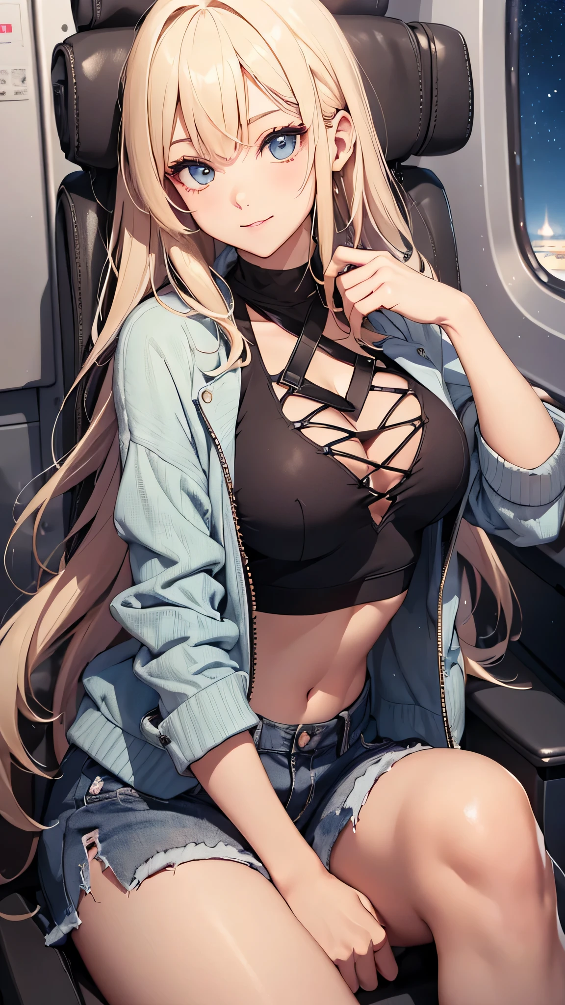 最high quality、best image quality、masterpiece、age girl((18-year-old、 By becoming、vest bust、medium bust,wide open breast tea、black eye, blonde hair、Habitual hair、long hair、thin,highest valley、blue shorts、smile、heart tattoo、Black Short Sleeve Jacket、sit on a chair、white shirt,leaning forward、chest)),high quality、beautiful art、background(On the plane、first class、red wine))、depth((window、night sky))debris flies、書かれた境界のdepth、movie、visual art、perfect art、8K,genuine