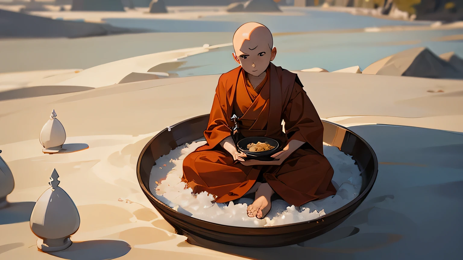 um monge budista contemplando uma bandeja de SAL OU AREIA
