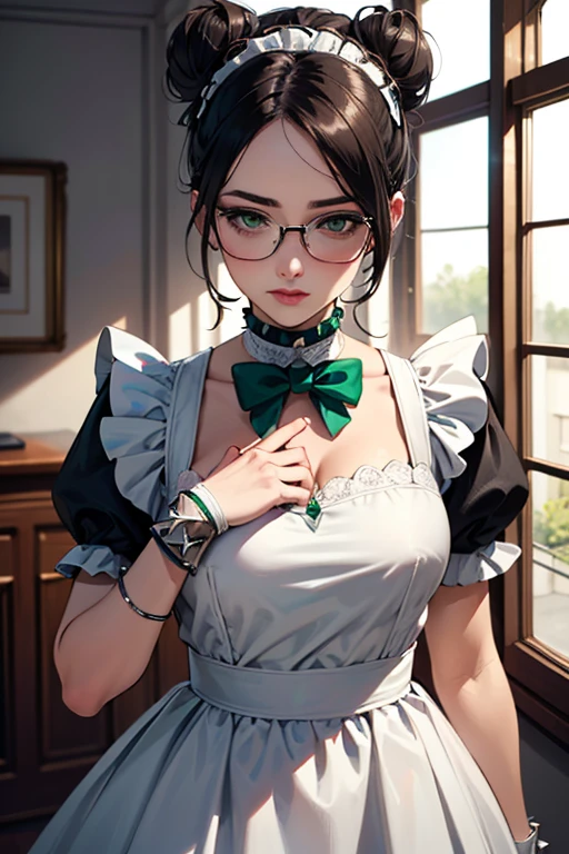 highres, sharp focus, pixiv masterpiece, ((intricate details)), highly detailed, yuri alpha, Eva Green, (green wristband, green gauntlets, spikes,:1.1) glasses, green eyes, maid, single hair bun, dress, choker, bowtie, maid apron, 