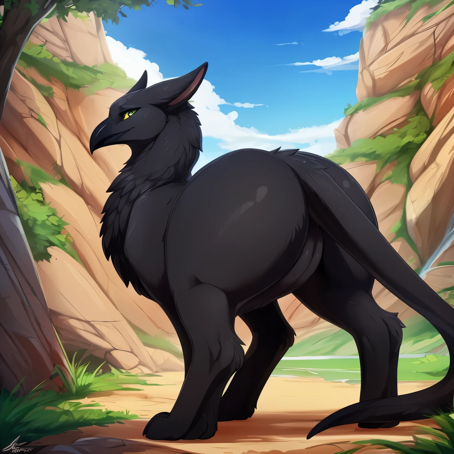 ((black_gryphon)), (all_black_body), otter, (feral_quadruped), (by shikaro), (by Inno-Sjoa), (by asaneman), (by DAGASI), female, big_butt, ((extremely_wide_excessively_massive_hyper_hips)) normal_tail, (massive_hyper_labia), (big_floppy_ears), Long_neck, ((digitigrade_extremely_tiny_paws)), long_(black_crow_beak), (Perfect_eyes), sexy, seductive, 1080p, (best quality), (masterpiece),