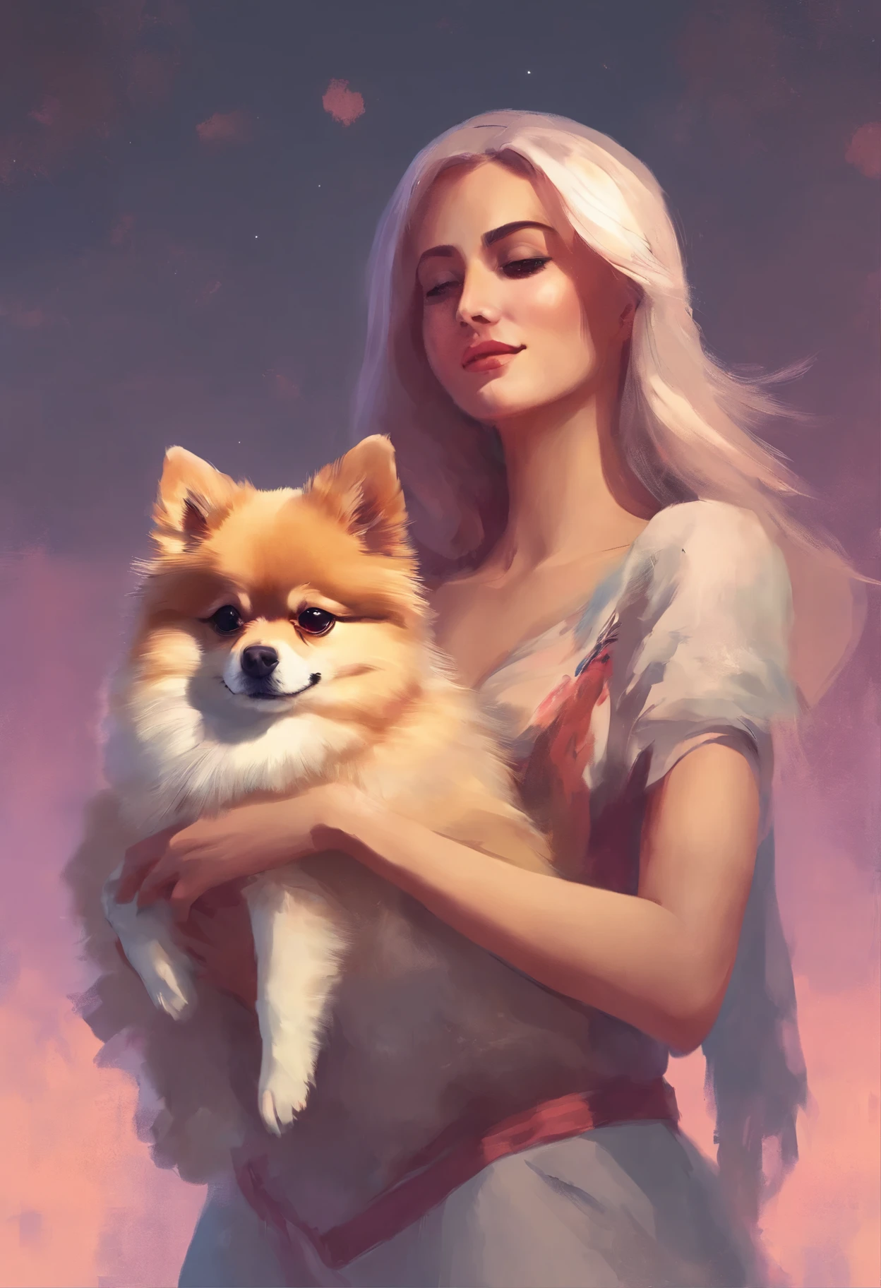 Beautiful woman hugging a Pomeranian