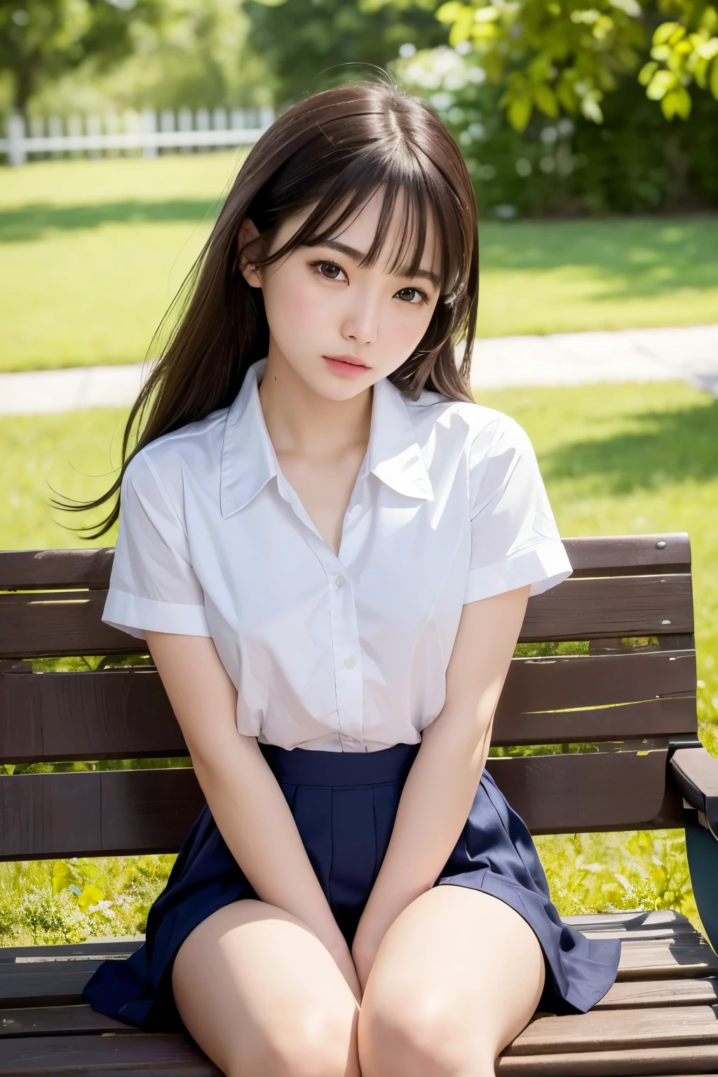 highest quality、masterpiece、park bench、(Photoreal:1.4)、((beautiful girl:1.6)), (Girl with small breasts)、16 years old、(small breasts:1.3)、(beautiful breasts)、((small breasts))、((BDSM))、high school girl uniform、open oxford shirt、pleated pread your legs、spread legs、Spread your legs apart、beautiful girl、asian beauty、dark brown hair、((Super realistic details))、Portrait、very intricate details、realistic light、shining eyes、vivid details、surreal、8K、highest quality、masterpiece、very delicate and beautiful、Full body Esbian、