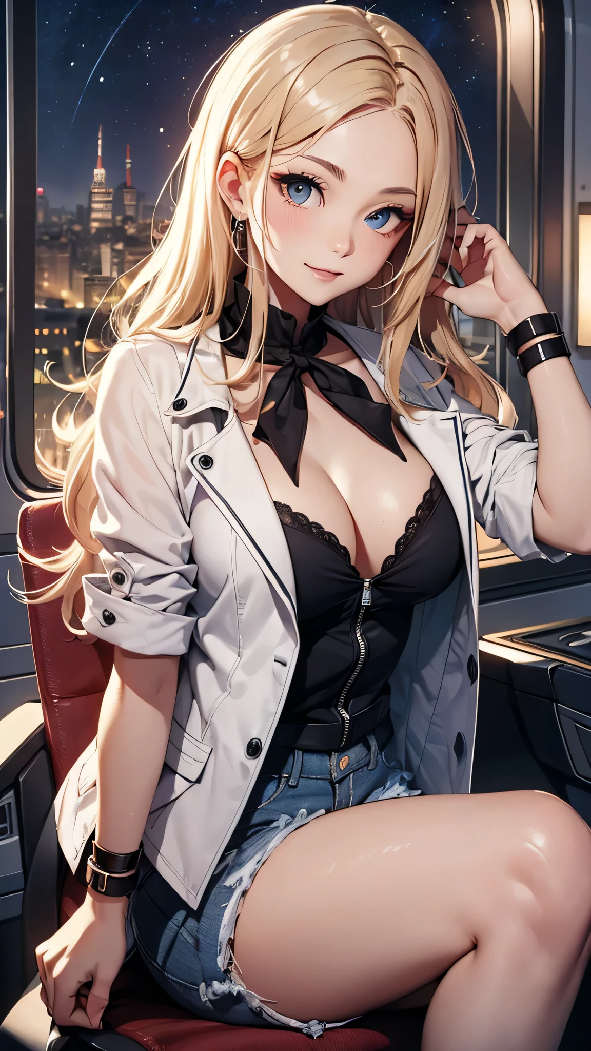 最high quality、best image quality、masterpiece、teenage girl((18-year-old、 By becoming、vest bust、medium bust,wide open breast tea、black eye, blonde hair、Habitual hair、long hair、thin,highest valley、blue shorts、smile、heart tattoo、Black Short Sleeve Jacket、sit on a chair、white shirt,leaning forward、chest、Eyeshadow Makeup)),high quality、beautiful art、background(On the plane、first class、red wine))、depth((window、night sky))debris flies、書かれた境界のdepth、movie、visual art、perfect art、8K,genuine