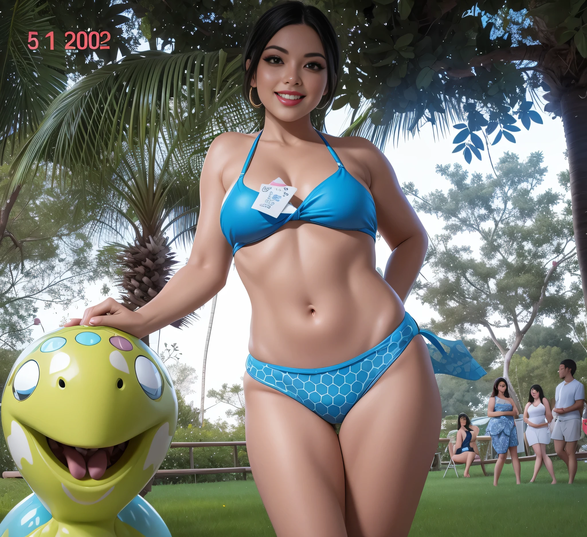 there is a woman in bikini standing next to a turtle, in bikini, full body photo in bikini, wearing a bikini de elastano, wearing two piece swimsuit, in bikini, Quadris mais largos, Quadris mais largos, wearing a bikini, quadris insanamente inflados, quadris largos, she is in a swimsuit, her navel is exposed, realistic bikini. Mulher com pele branca e cabelos escuros. ela tem cerca de 35 anos. your lips are slightly plump, your eyes are dark brown. Corpo fino, cintura fina. Altamente realista, Lindo, slightly full lips, batom cor de rosa, sorridente, hiperrealismo, pele muito elaborada. foto de corpo inteiro, Limpar foto, alta qualidade, high resolution, obra de arte, 8k.