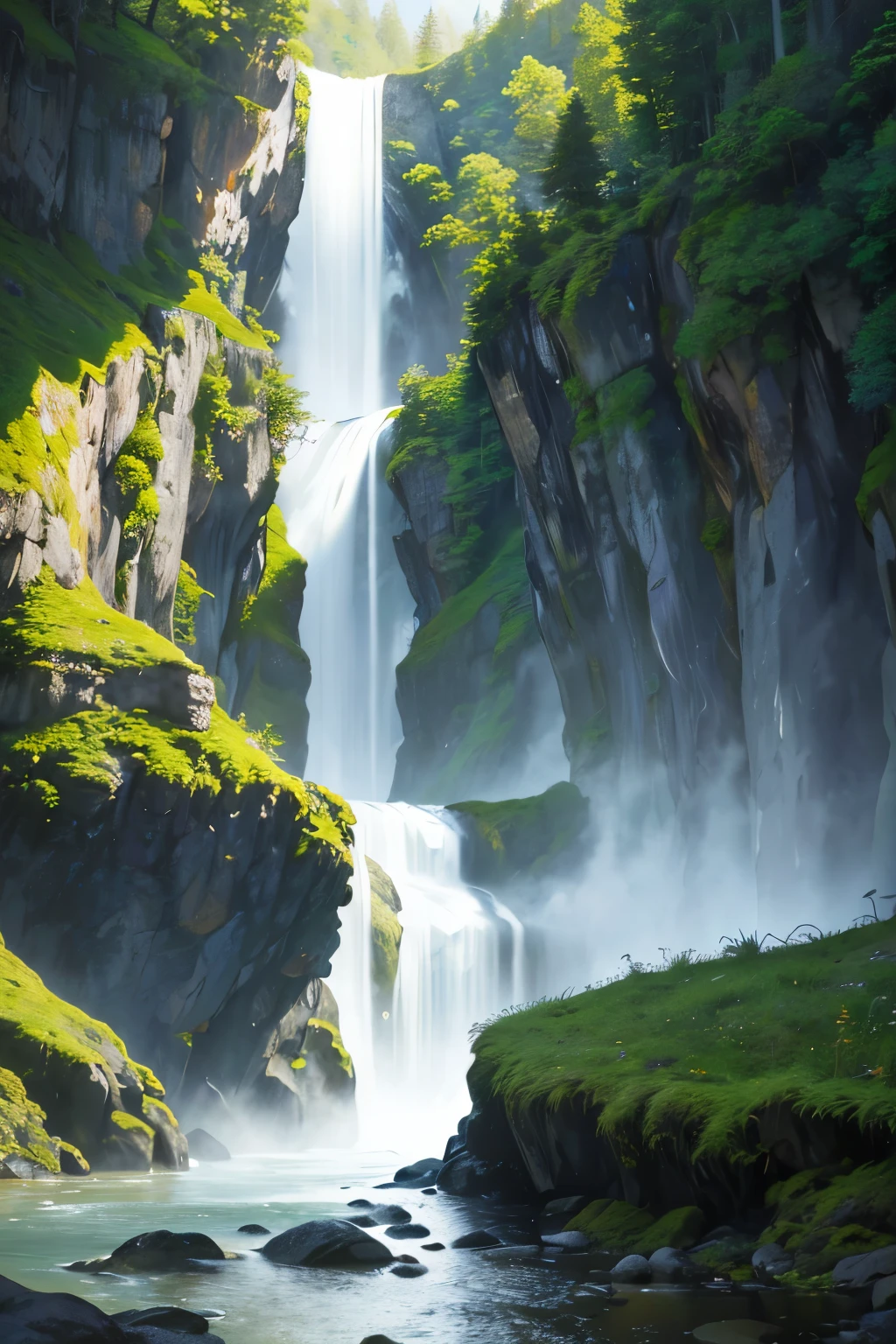 Imagine a captivating and highly detailed photorealistic image of a majestic waterfall cascading in the Alpine heartland. The image should brilliantly convey the intricate movement of the droplets as they collide with the rocks below, the mist shrouding the surrounding air in a dreamlike veil, and the primal charm of the jagged rocks and rich, verdant vegetation. The waterfall embodies both the awe-inspiring power and tranquil essence of nature. Captured using a top-tier 16k camera with a 16:9 aspect ratio, in raw style with a quality setting of 2, the resulting image offers a breatht