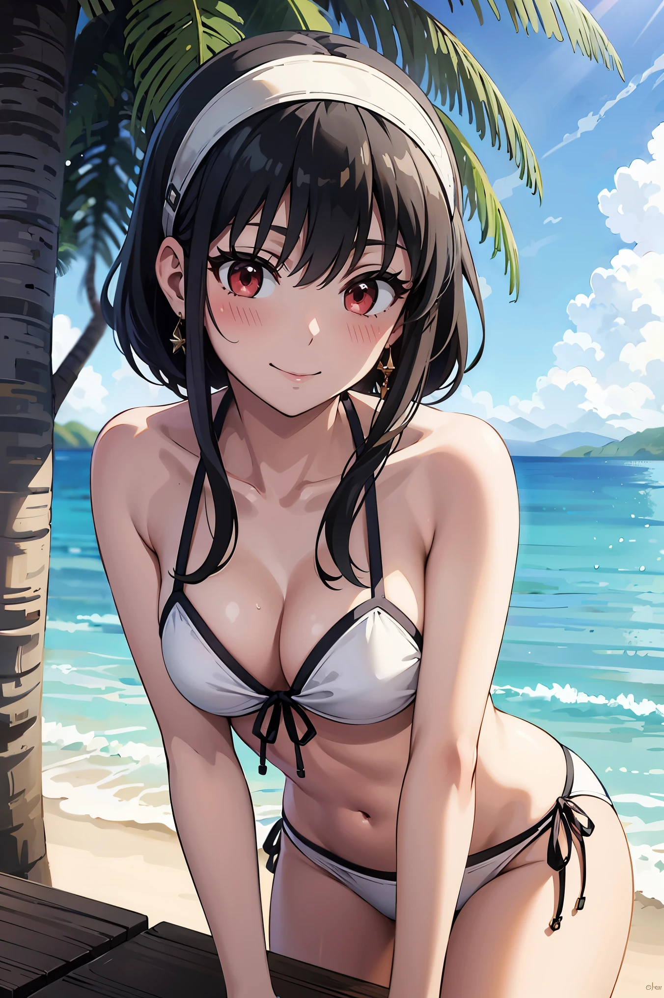 masterpiece, yor, 1girl, solo,shy,embarrassed,blushed,black hair, red eyes, bare shoulders, jewelry, collarbone, sidelocks, hairband, earrings,outdoor,seaside,smile,bikini,swimsuit,plant, short hair with long locks, white hairband,big side hair,very long side hair,leaning forward,