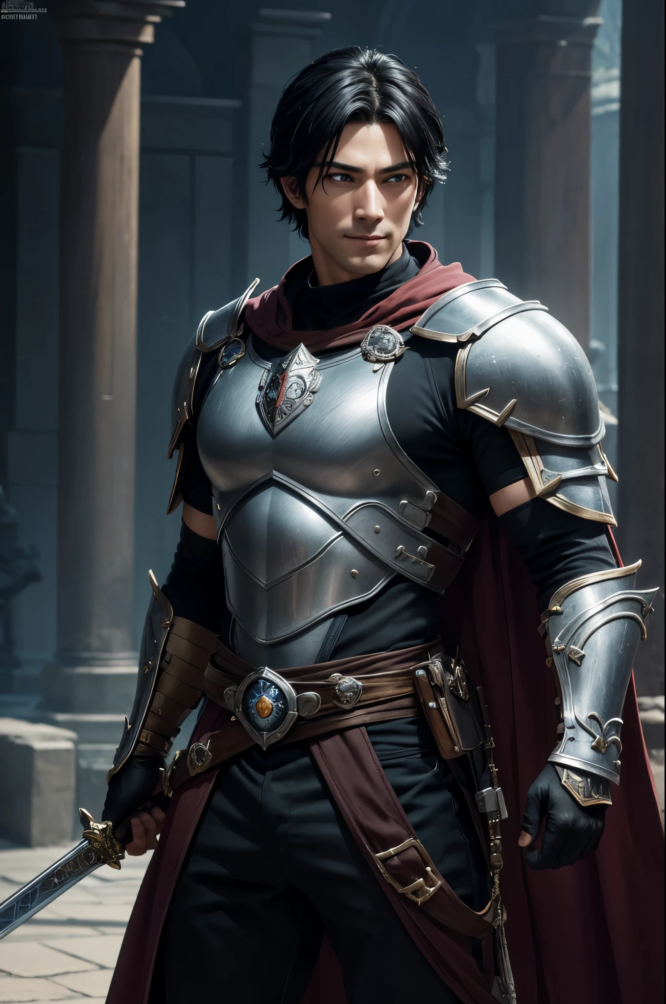 8K,Photoreal,RAW photo(highest quality;1.4) ,(1 adult male),super handsome(lifelike face),black hair medium long,handsome prince with blue eyes,black and brown combat uniform,black and silver pants,Equipped with a long and large sword on his waist,Wearing black leather gloves,Remains,Comical poses,Gwaitz Style,realistic,exact details,unreal engine,beautiful expression,Details of each part,ultra high resolution.超realistic,Charm,foot armor,skin that looks real,fantasy emperor.ultra high resolution,Super realistic,fantasy art,character art,wilderness,toothy smile,muscular and well-trained body,masterpiece,highest qualityのフォトリアリスティックなRAW photo。bright colors,rich colors, Backlight, cinematic lighting, film grain, to be born, 50mm lens, Nikon D850,fantasy art,character art,ultra high resolution,realistic scale skin,Macho with muscular slender body,Violent and strongly cracked abdominal muscles,