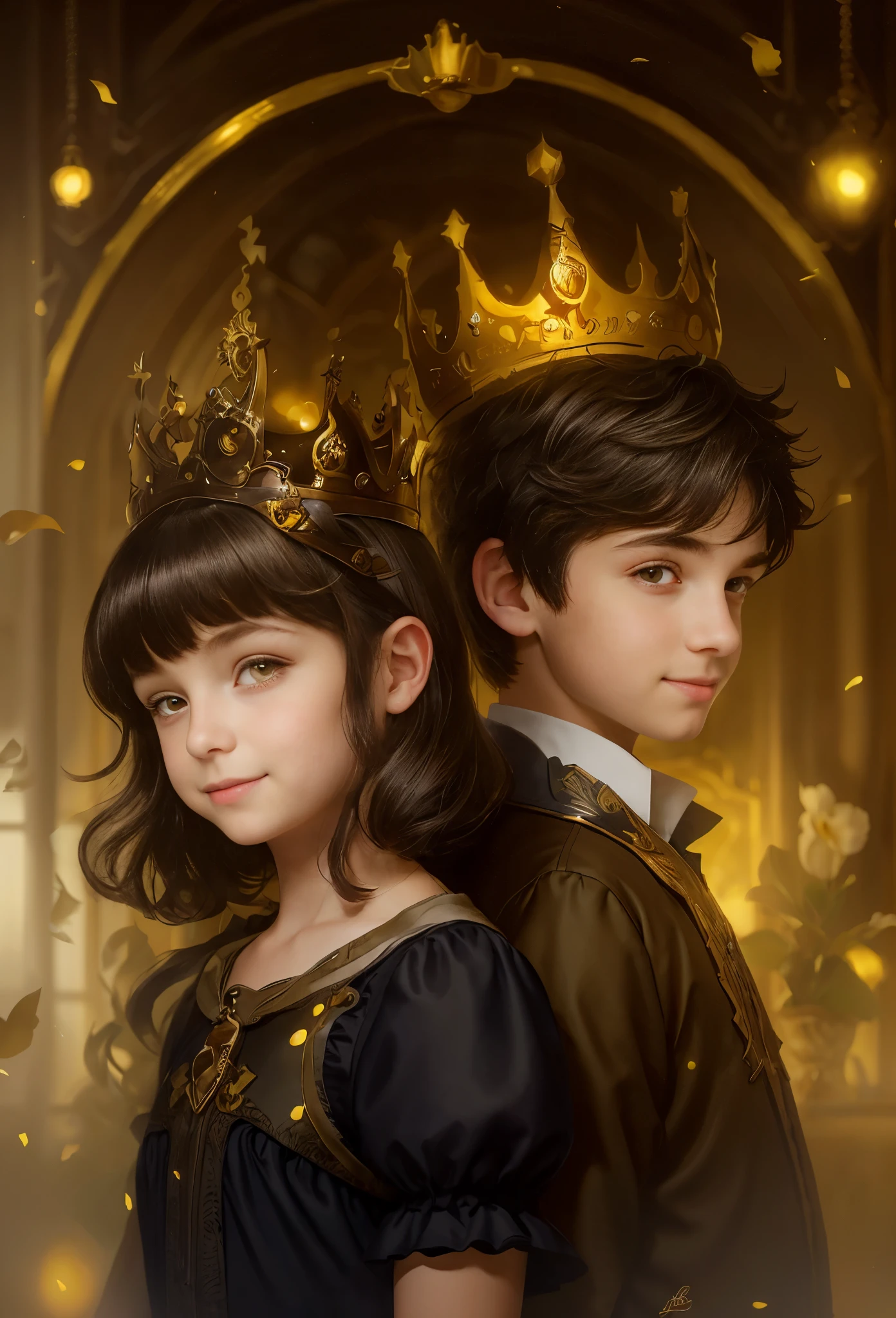 High resolution, portrait, boy and girl with dark hair, , light gray hair, short haircut, yellow eyes, smile, crown, portrait, ballroom in the background, realism, fantasy