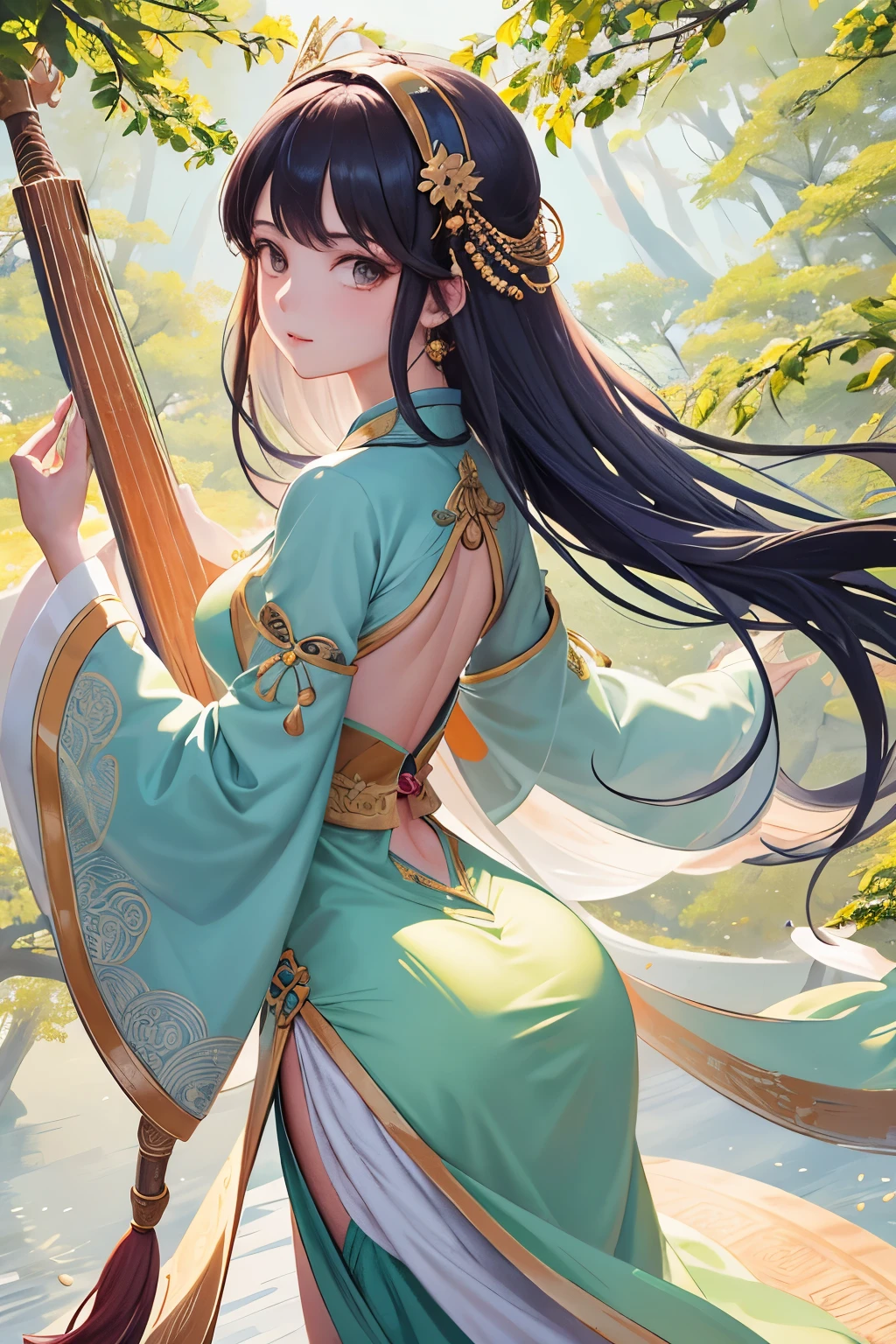 In the heart of ancient China, during the enchanting Tang Dynasty, a solitary girl adorned in the most exquisite Dunhuang costumes of the best quality gleams in the 9:16 ultra-high definition scene. Her long, silky hair cascades down her back, shimmering under the sunlight that filters through the trees.

The girl, with her beautiful, elegant face, strums the mesmerizing pipa, its sound resonating harmoniously through the tranquility. A masterpiece of flying dance unfolds as she lifts her stylish, wide sleeves in the air, captivating the viewer with her grace and agility.
