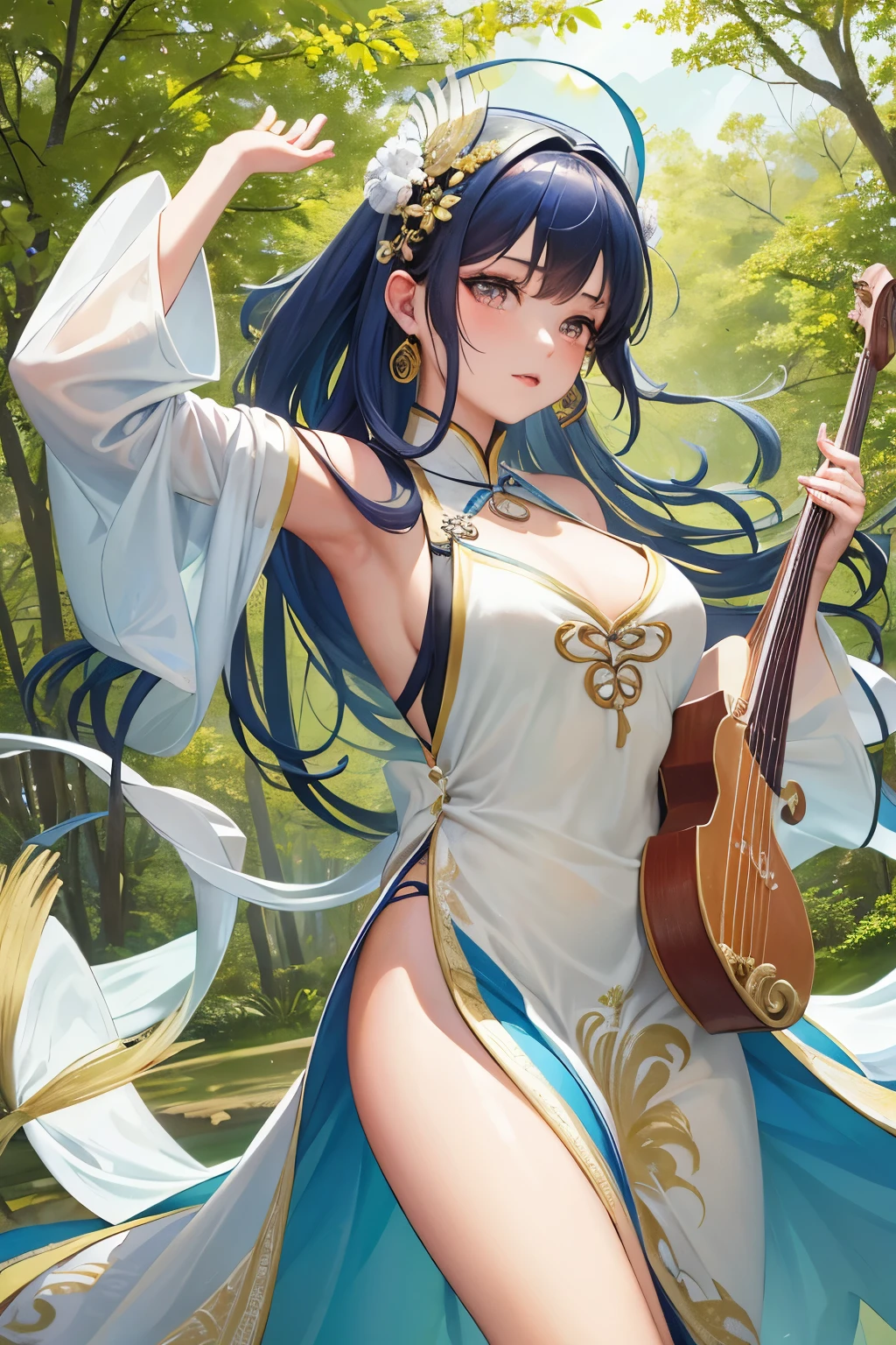 ((Top Quality)), ((Excellent)), (Details), ((saraswati playing a pipa in the shape of a Lute)),((Saraswati)) ,((Benzaiten)), ((Benten-sama)) ,((god of wealth, music, eloquence and water)),nice hands, perfect hands ,benzaiten, Goddess,full body,Sunrise, Ultra-Realistic, Stunning Environment, Bright Colors, ************,((upper body)), shiny hair, a Girl ,((Blue Eyes)) , Black Hair, (Childish Face), ((half-smile)),(Straight Hair), ((saraswati playing a Biwa in the shape of a Lute)) ,bun hair ,corolla,((Full body shot)),Flower hairpin, Medium Breasts, Sunlight, ((naked)) ,((topless)), ((Golden Screen)),((Lots of flowers)),((Lots of bubbles)),((saraswati playing a pipa in the shape of a Lute)), (Gold loincloth),  ((naked)) ,((topless)),Gold loincloth, ((Lotus Position)), ((Biwa Japanese lute)),Halo,((corolla)), ((saraswati playing a pipa in the shape of a Lute)), upper body,((Lots of bubbles)),((upper body)),,Flower hairpin,  shiny hair, Straight Hair, a Girl ,((Moderate Breasts)),,masterpiece , (half-smile), ultra realistic,((Gold loincloth)),,((naked)),, best quality, blunt bangs, Lotus flower,