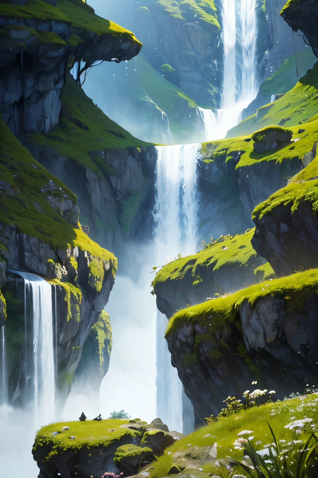 Imagine a captivating and highly detailed photorealistic image of a majestic waterfall cascading in the Alpine heartland. The image should brilliantly convey the intricate movement of the droplets as they collide with the rocks below, the mist shrouding the surrounding air in a dreamlike veil, and the primal charm of the jagged rocks and rich, verdant vegetation. The waterfall embodies both the awe-inspiring power and tranquil essence of nature. Captured using a top-tier 16k camera with a 16:9 aspect ratio, in raw style with a quality setting of 2, the resulting image offers a breatht