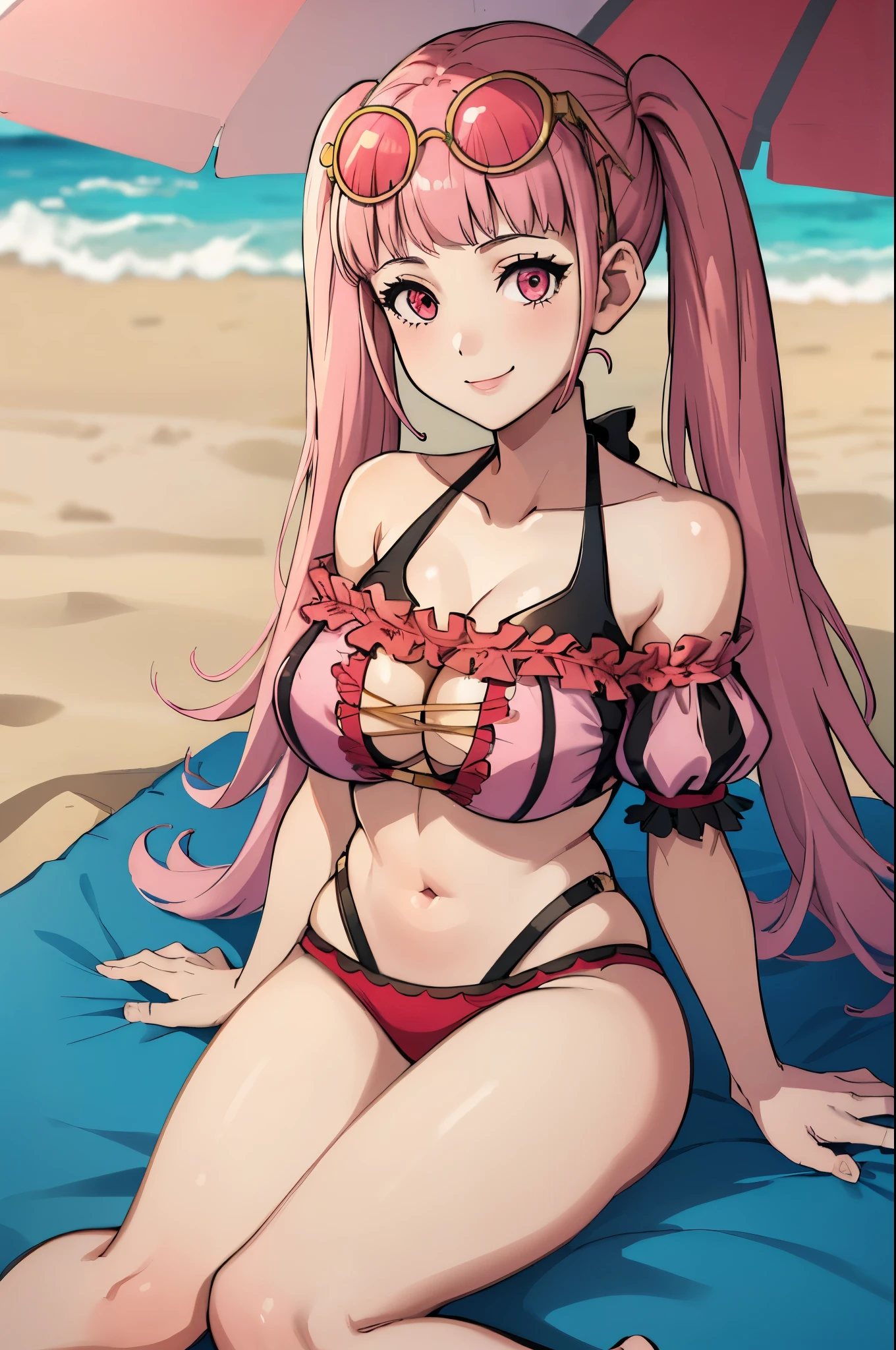 (masterpiece, best quality:1.2), solo, 1girl, hildabikini, smile, looking at viewer, sitting, on ground, twintails, sunglasses, eyewear on head, pink bikini, off-shoulder bikini, beach 