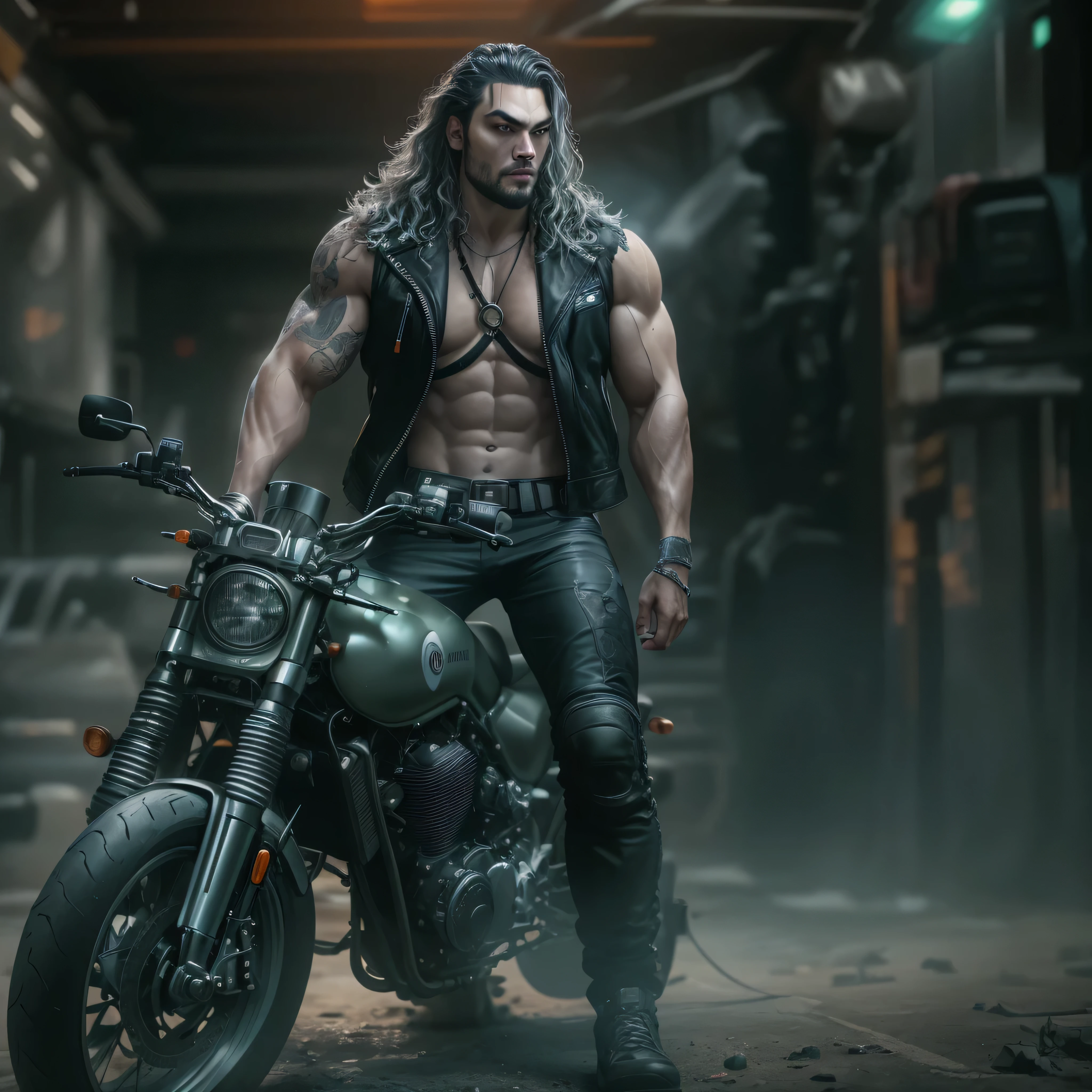 Full body image, a photo of Jason Momoa as Lobo from DC comics, muscular, ((((ghostly pale skin)))), (((red eyes))), sleeveless black biker vest, riding space sci-fi cyberpunk motorcycle, Intricate, High Detail, Sharp focus, dramatic, photorealistic digital art, photo-realistic, octane render, unreal engine, ultra-realistic