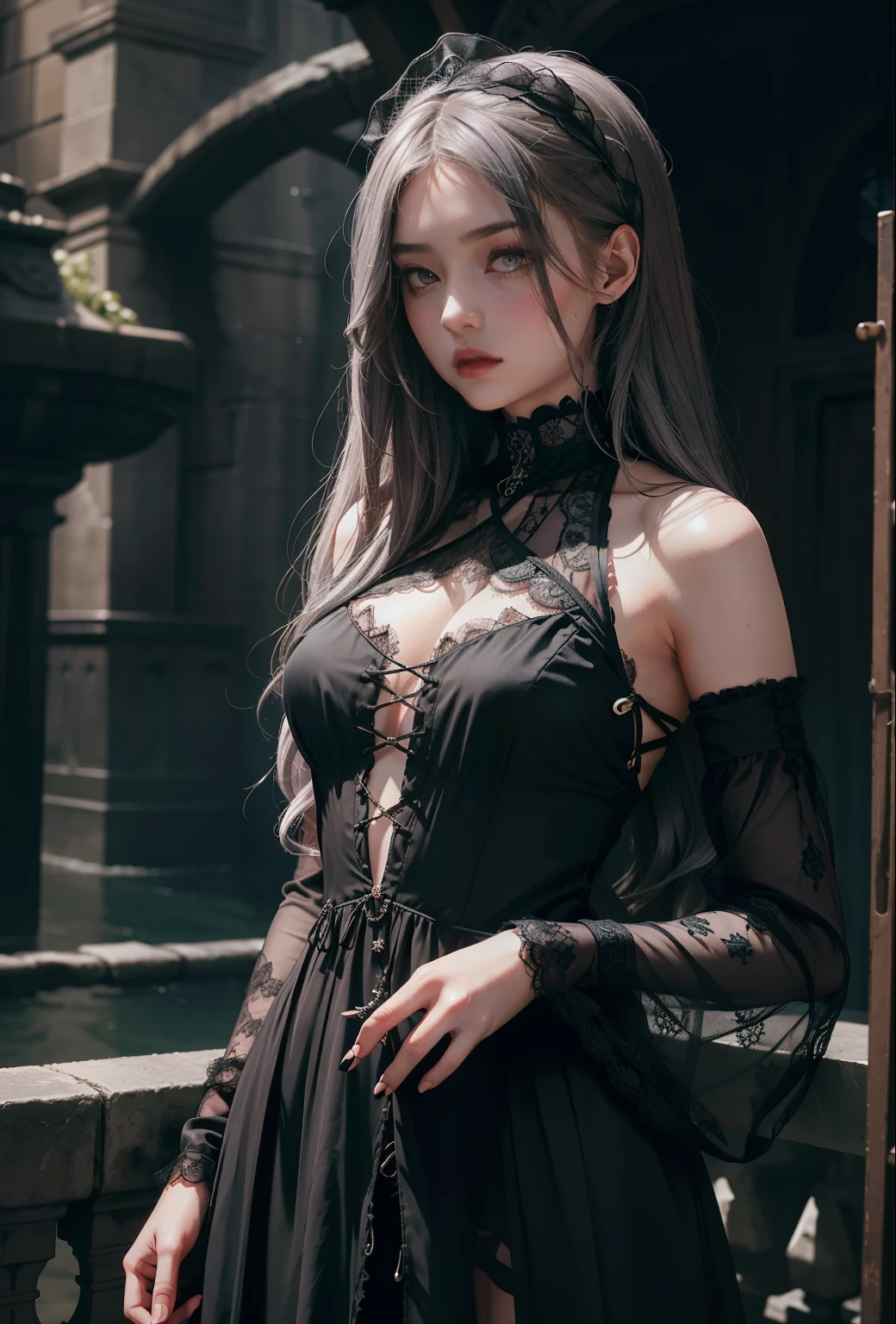 Girl in symbolic clothes of Gothic net, encircled by intricate patterns, and brunette colored hair with gray hair ends, cascading down to her shoulders like a waterfall. The netted dress clings to her body, revealing the intricacy of the barbed wire design, which covers every inch of her attire. The contrast between the delicate girlish figure and the harsh, edgy barrier creates an intriguing and captivating image. The high resolution of the photograph brings every detail to life, from the individual wires to the delicate folds of the fabric. (Masterpiece, ultra-detailed, best quality, dark, moody atmosphere, gothic style, harsh