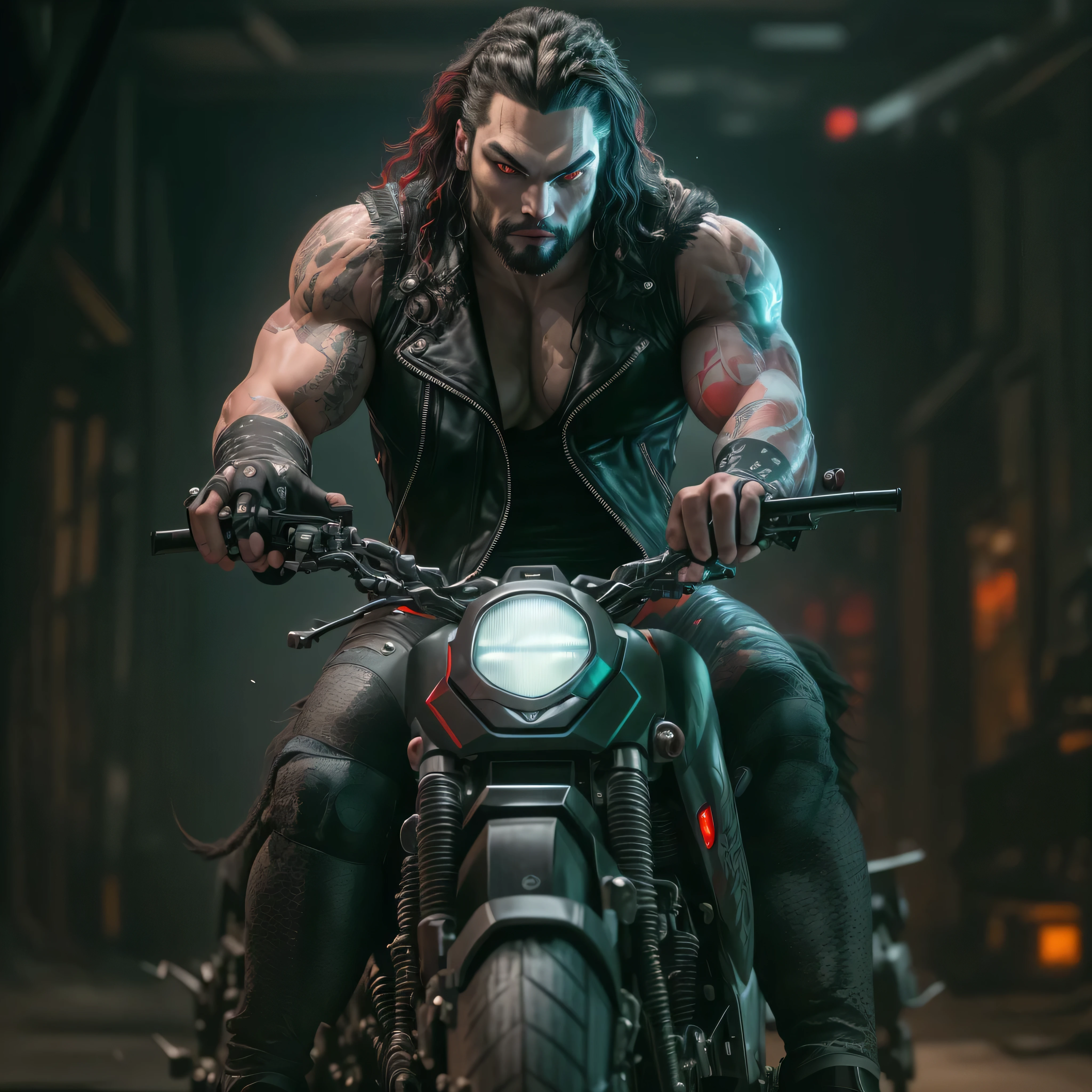 Full body image, a photo of Jason Momoa as Lobo from DC comics, muscular, ((((ghostly pale skin)))), (((red eyes))), sleeveless black biker vest, riding space sci-fi cyberpunk motorcycle, Intricate, High Detail, Sharp focus, dramatic, photorealistic digital art, photo-realistic, octane render, unreal engine, ultra-realistic