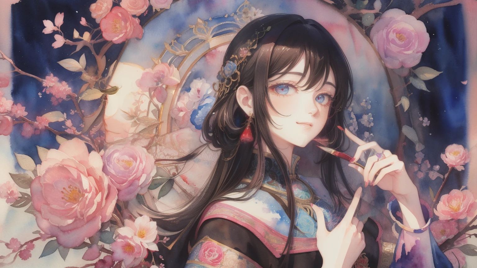 best pictures、Illustrations、detaile、(watercolor paiting:1.4)、(handdraw:1.2)、(Watercolor brush hair)、 masterpiece: 1.7, top-quality、独奏、facing front、Looking Ahead、Painterly、sketch、Paper texture、超A high resolution、extra detailed face、Highly detailed eyes、flat-colors、limited pallete、highcontrast、realisitic、The best lighting、goddes、Graceful、Leprechaun、a matural female、Beautuful Women、Red Jewel Eyes、Black hair、Straight hair、blue gemstone、a little bit smile、blanche:1.5、(Zentangle、a Mandala、Tangle、Entangle:1)、flowers in background、lots of flower
