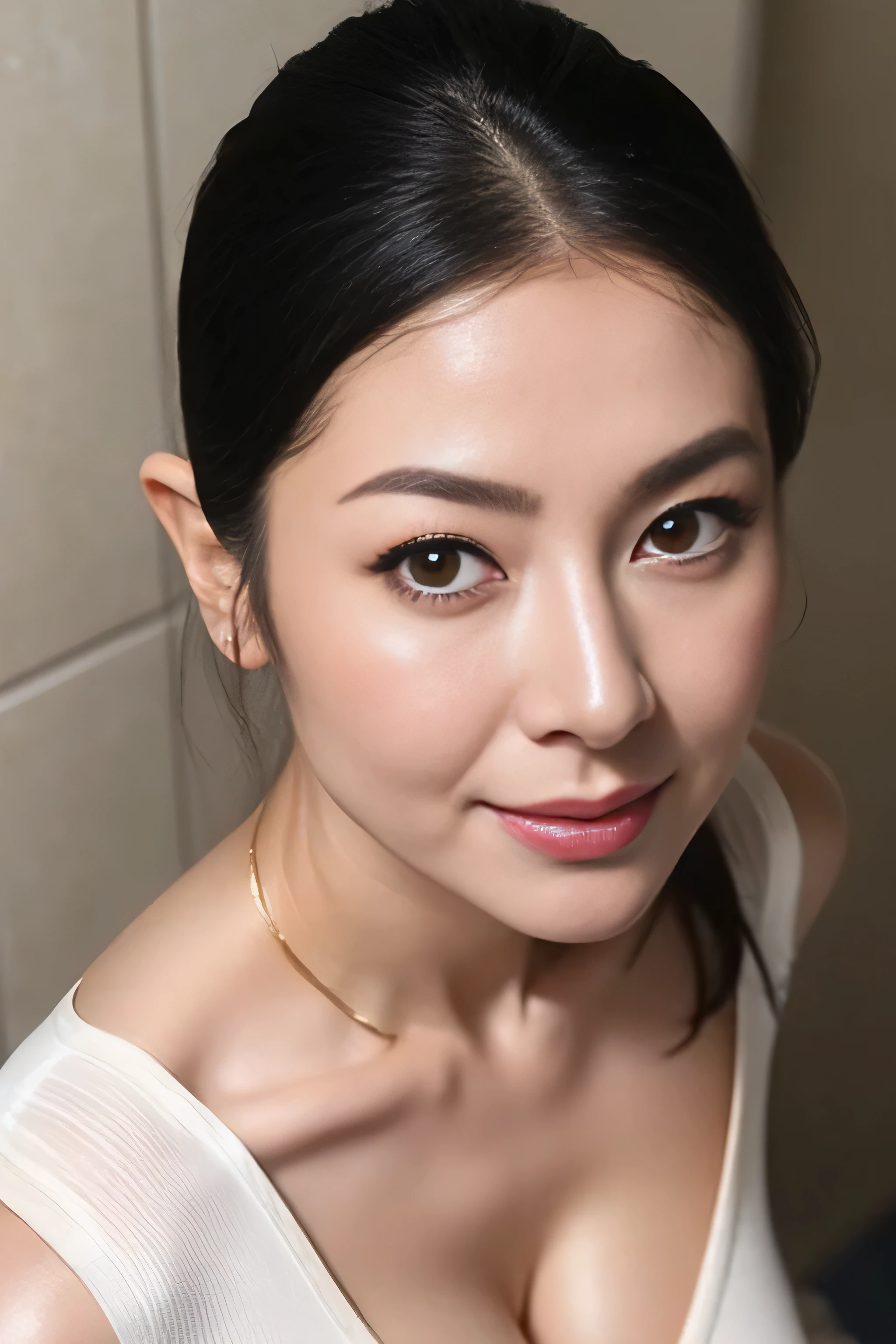 beautiful japanese actress,mature woman, (alone), 50 years old, (wrinkles around the eyes:1.1), big breasts, mature woman, Glamour, sexy, pure white skin,(( face focus、close up of face)),looking at the viewer、super arm makeup:1.4)、Golden Sleeveless Knit Tight Fit Knit Dress、、high heels、prostitute、long legs、open your mouth、public toilet、male'Toilet、urinal、squat,spread your legs、fold your hands behind your back、(My eyes are glued to your penis in front of me..)The way you look when you stand in front of a woman、((Face glistening with Sweat、Décolleté glistening with Sweat、Thighs glistening with Sweat))((Sweat))((Oily and glowing skin))