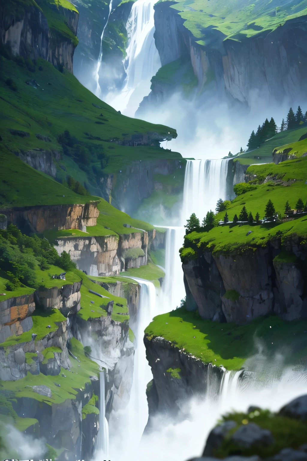 Imagine a captivating and highly detailed photorealistic image of a majestic waterfall cascading in the Alpine heartland. The image should brilliantly convey the intricate movement of the droplets as they collide with the rocks below, the mist shrouding the surrounding air in a dreamlike veil, and the primal charm of the jagged rocks and rich, verdant vegetation. The waterfall embodies both the awe-inspiring power and tranquil essence of nature. Captured using a top-tier 16k camera with a 16:9 aspect ratio, in raw style with a quality setting of 2, the resulting image offers a breatht