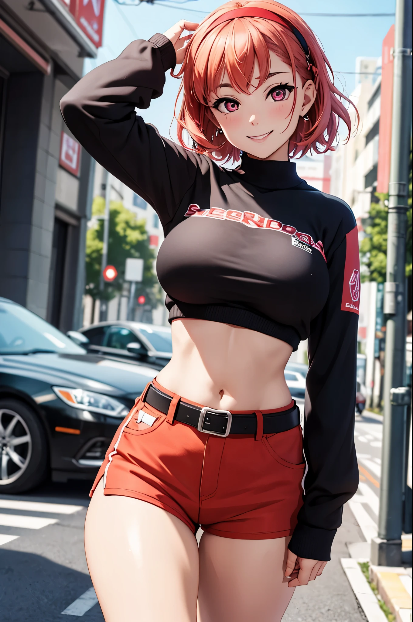 (best quality,4k,8k,highres,masterpiece:1.2), ultra-detailed,takami chika, pink eyes, red sweatshirt , midriff,red shorts, black belt, headband, long sleeves,black fingerless gloves,navel, standing ,one hand on hip another hand on head,slightly excited and smile, thighs, cowboy shot, hair ornamen ,big breasts