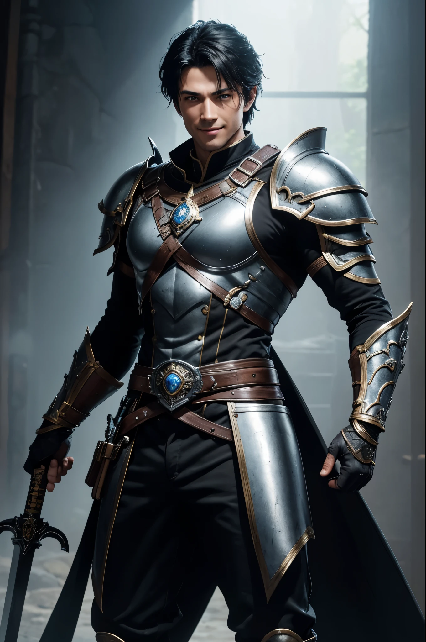 8K,Photoreal,RAW photo(highest quality;1.4) ,(1 adult male),super handsome(lifelike face),black hair medium long,handsome prince with blue eyes,black and brown combat uniform,black and silver pants,Equipped with a long and large sword on his waist,Wearing black leather gloves,Remains,Comical poses,Gwaitz Style,realistic,exact details,unreal engine,beautiful expression,Details of each part,ultra high resolution.超realistic,Charm,foot armor,skin that looks real,fantasy emperor.ultra high resolution,Super realistic,fantasy art,character art,wilderness,toothy smile,muscular and well-trained body,masterpiece,highest qualityのフォトリアリスティックなRAW photo。bright colors,rich colors, Backlight, cinematic lighting, film grain, to be born, 50mm lens, Nikon D850,fantasy art,character art,ultra high resolution,realistic scale skin,Macho with muscular slender body,Violent and strongly cracked abdominal muscles,
