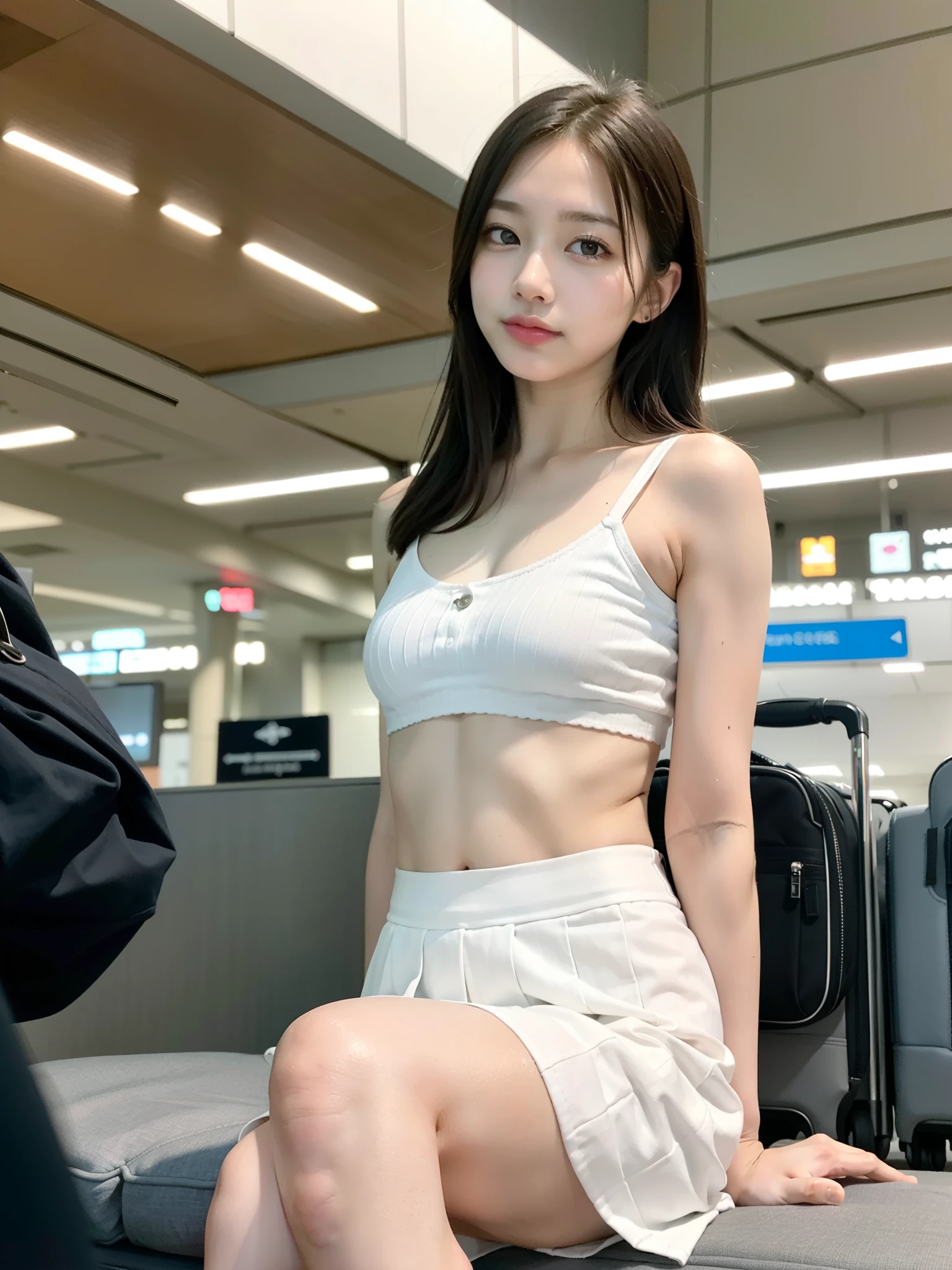 ((Best of the highest quality, 8k, Masterpiece: 1.3, raw photo)), Sharp focus: 1.2, (1 AESPA girl: 1.1), (Solo: 1.18), (realistic, photo-realistic:1.37), face focus, cute face, finely eyes, (Small breasts, flat chest, Thigh: 1.3), (nude, school skirt, bra top, from below: 1.2), short messy hair, updo, (sitting spread legs: 1.2), terminal, airport, flower