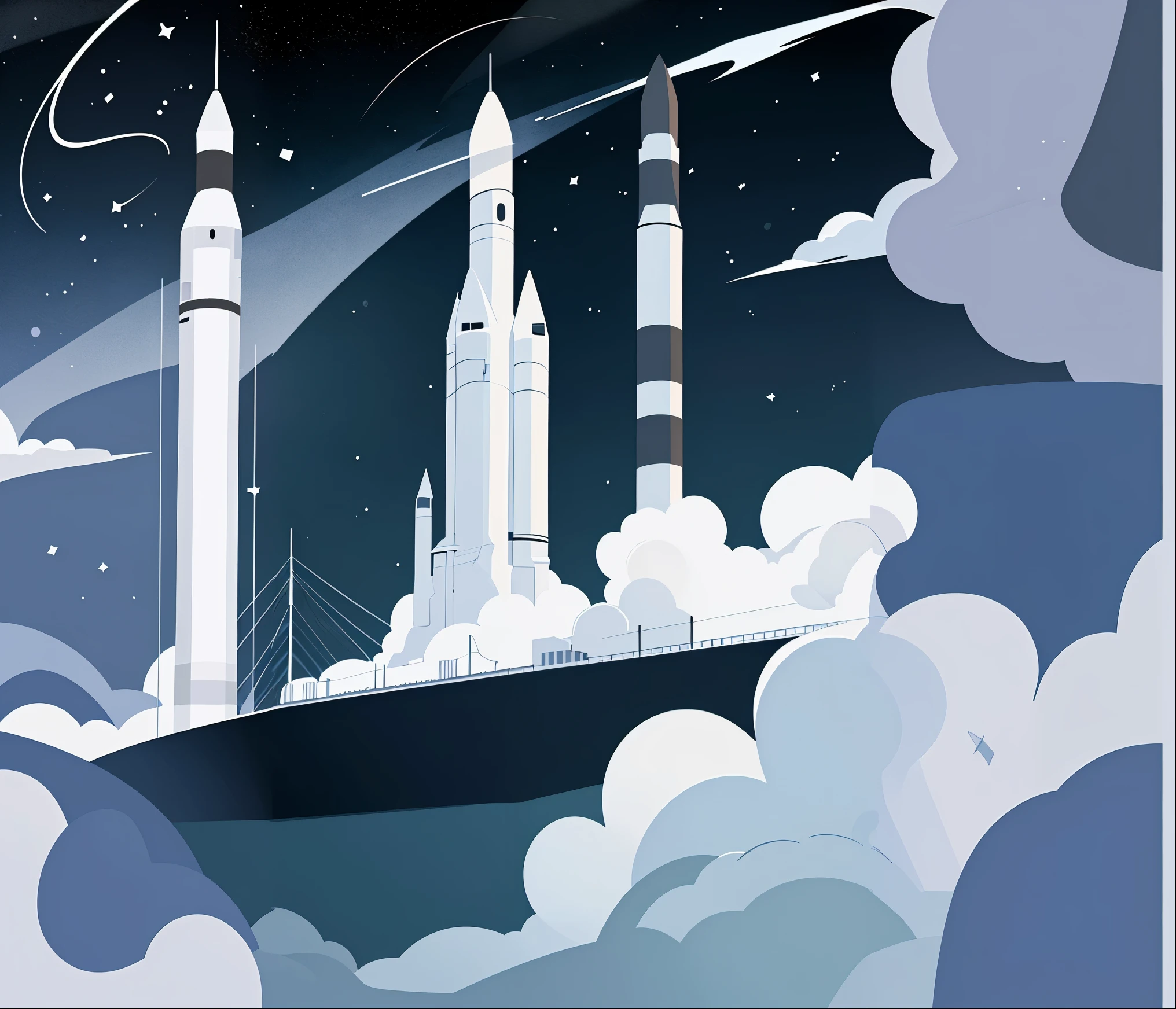 space rocket takes off, clouds of smoke around, black and white style