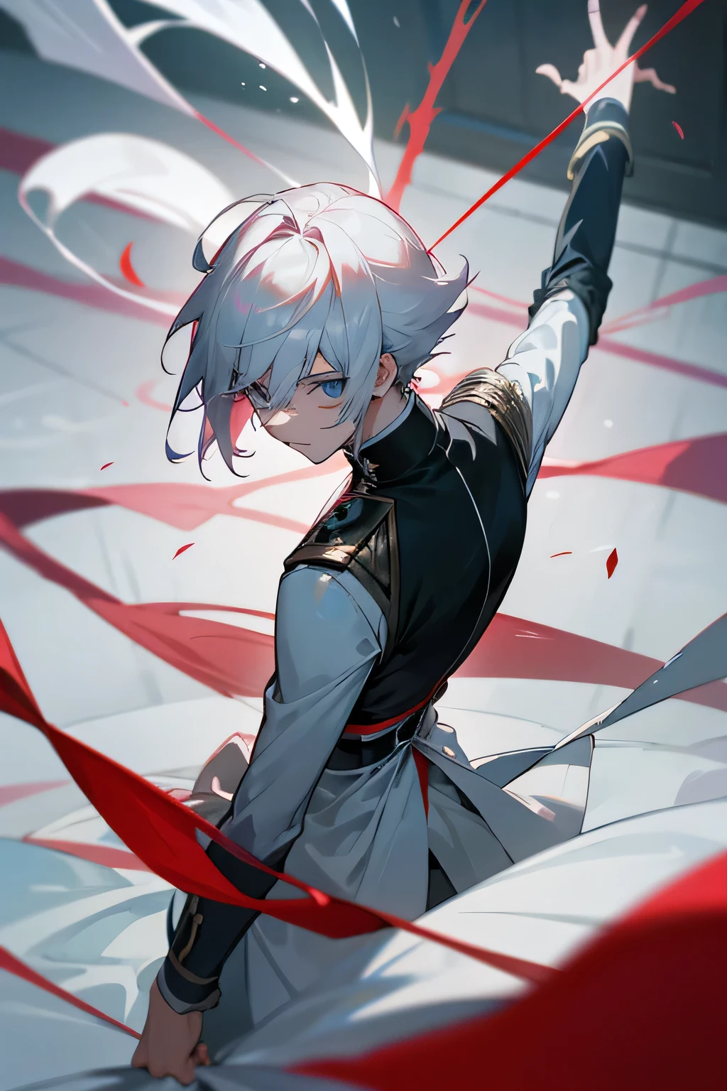 gars d&#39;animé aux cheveux blancs et aux yeux rouges debout au milieu d&#39;une salle de classe, jeune homme animé, Meilleur ami d&#39;écran animé 4k konachan, cheveux blancs, personnage masculin d&#39;animé, animé dur à cuire 8 k, Art clé de l&#39;animé, style animé masculin, aux cheveux blancs, cheveux gris, Ken Kaneki, garçon animé, déclencher le style artistique d&#39;animé, épée en main