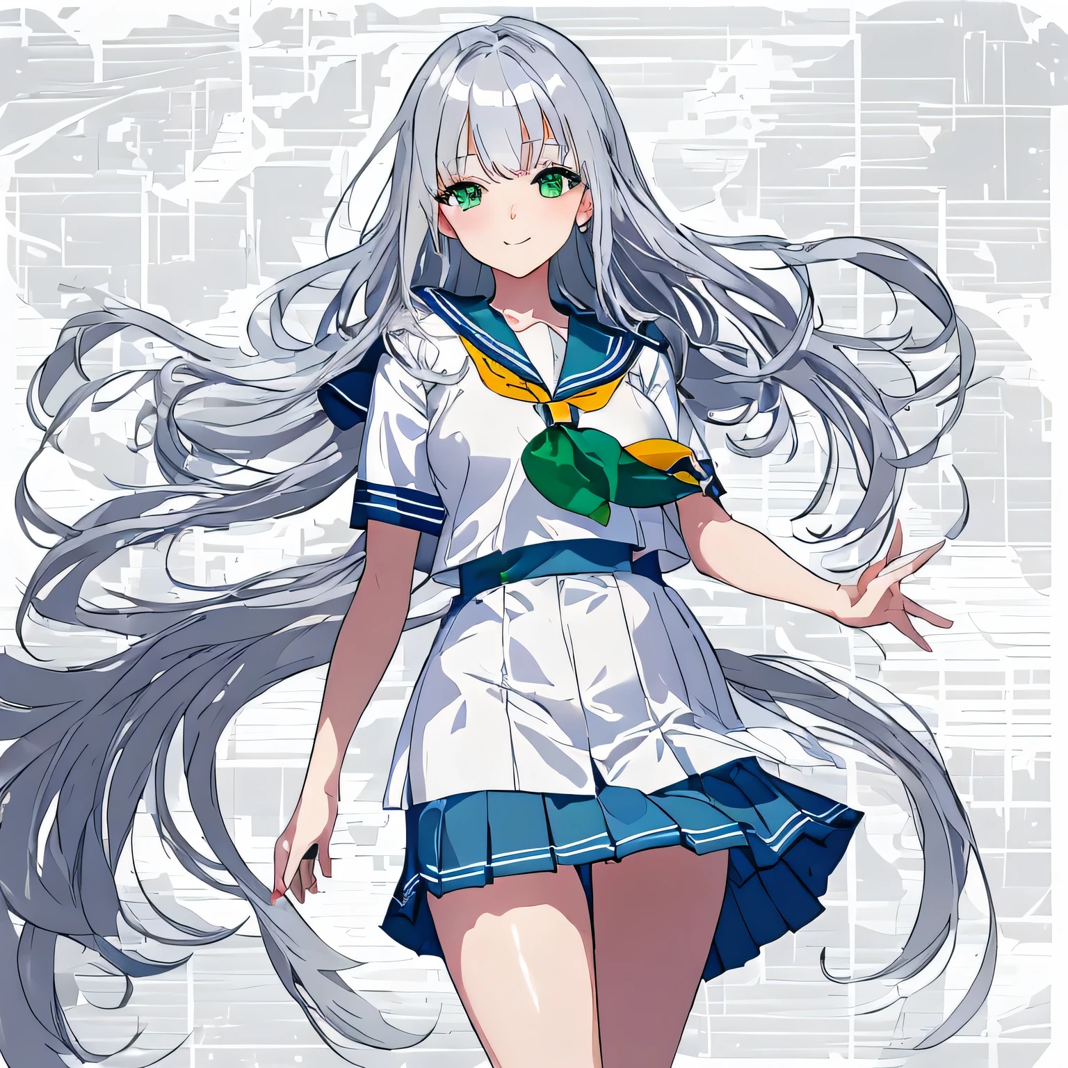 masterpiece, highest quality,shape,sailor suit,slanted eyes,straight hair,silver hair,side parted,super dense skin,calf white socks,smile,beautiful and detailed eyes,turn your arms behind your back,short sleeve shirt,green eyes,Plump : 1.3,buckshot