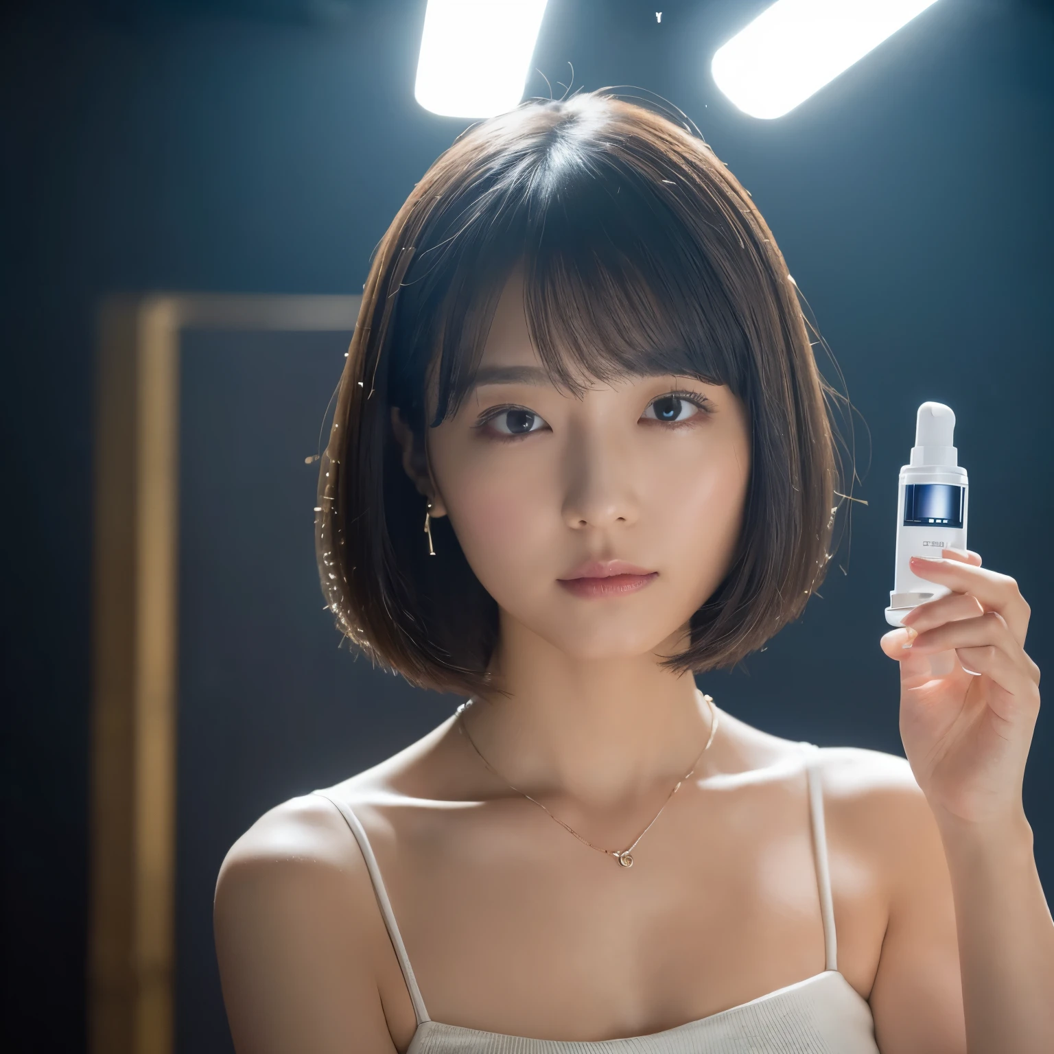 high-definition images, atmospheric perspective, 8k, super detail, accurate, best quality, angle from below, studio portraits shoot ,a woman, ((holding a serum ( skincare product) bottle)),drooping eyes, sleepy face, blush, in the studio, model for photoshoot, posing , dropping serum on her face with applicator, (( hand up over face 45° and holding applicator , which is used for dropping serum)) , (water drop on face) where applicator applied, ((bo bc hair, short hair , length below ears)) high boots, necklace, ivory tube top and jeans short pant, studio scene, dark , flashlight on , ((bo bc hair))