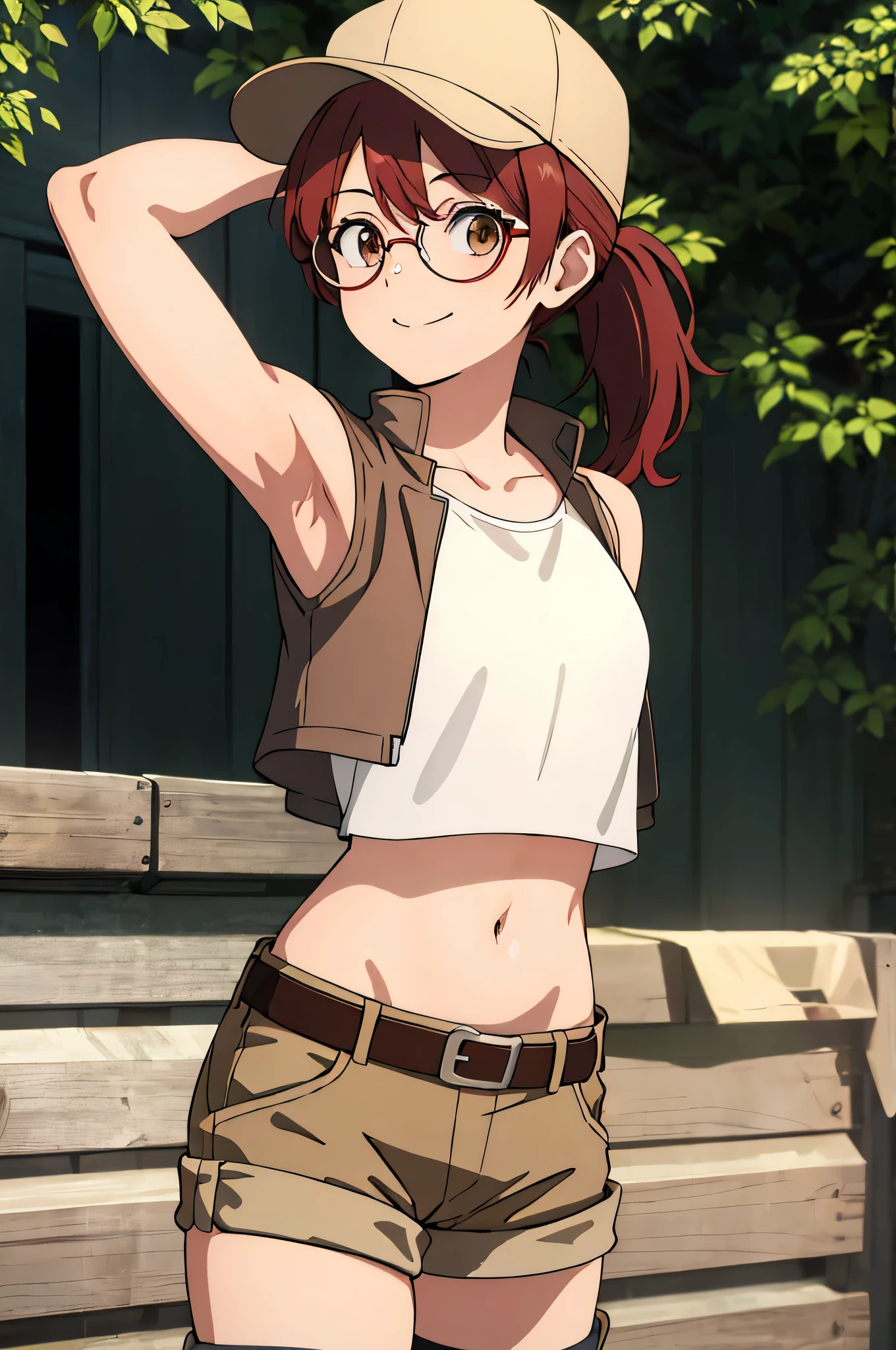 (masterpiece, best quality:1.2),illustration,8k,hd,1girl,solo,upper body,(portrait:1.2),round eyewear,hat,crop top,midriff,gloves,navel,baseball cap,knee pads,short shorts,ponytail,boots,brown eyes,brown shorts,belt,smile, pack,brown headwear,red hair,hip vent,tank top,long hair,vest, upper body,outdoors, ((glasses 1.2)),armpits,arms raised,posing,arms behind head