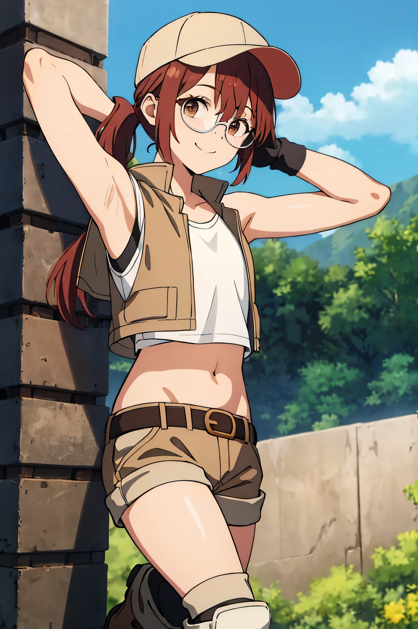 (masterpiece, best quality:1.2),illustration,8k,hd,1girl,solo,upper body,(portrait:1.2),round eyewear,hat,crop top,midriff,gloves,navel,baseball cap,knee pads,short shorts,ponytail,boots,brown eyes,brown shorts,belt,smile, pack,brown headwear,red hair,hip vent,tank top,long hair,vest, upper body,outdoors, ((glasses 1.2)),armpits,arms raised,posing,arms behind head