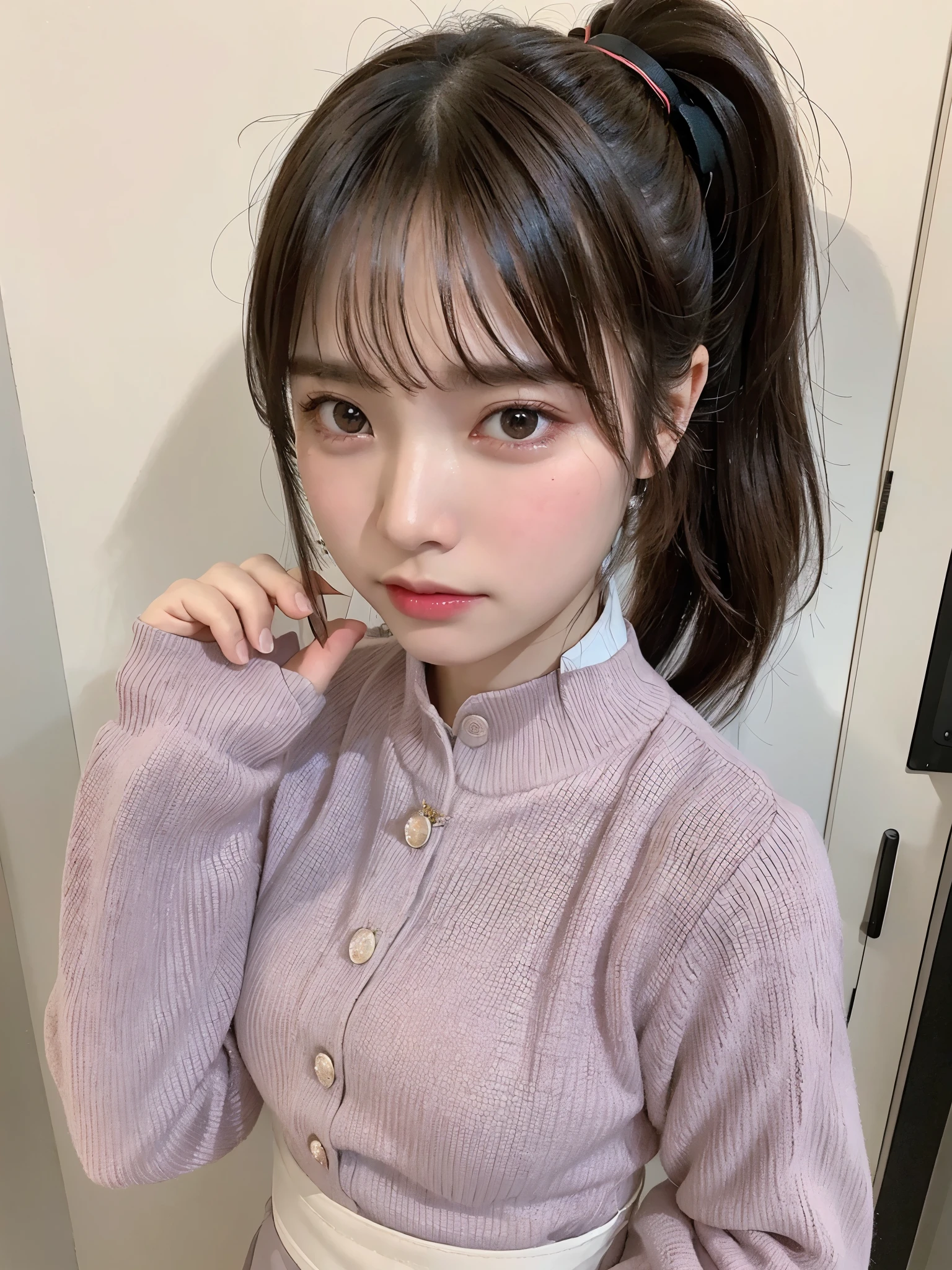 highest quality、8K、ultra high resolution、Super detailed face and eyes、Highly detailed face and skin texture、glowing skin、shiny skin、master piece:1.3、1 girl、A beautiful woman with slim abs as an accent、super detail face、delicate eyes、double eyelid、full shot、ponytail、短めponytail、20-year-old、brown hair、long sleeve、skirt、((cry、crying face、tears))