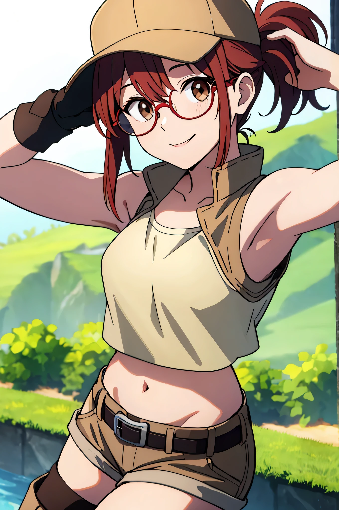 (masterpiece, best quality:1.2),illustration,8k,hd,1girl,solo,upper body,(portrait:1.2),round eyewear,hat,crop top,midriff,gloves,navel,baseball cap,knee pads,short shorts,ponytail,boots,brown eyes,brown shorts,belt,smile, pack,brown headwear,red hair,hip vent,tank top,long hair,vest, upper body,outdoors, ((glasses 1.2)),armpits,arms raised,posing,arms behind head