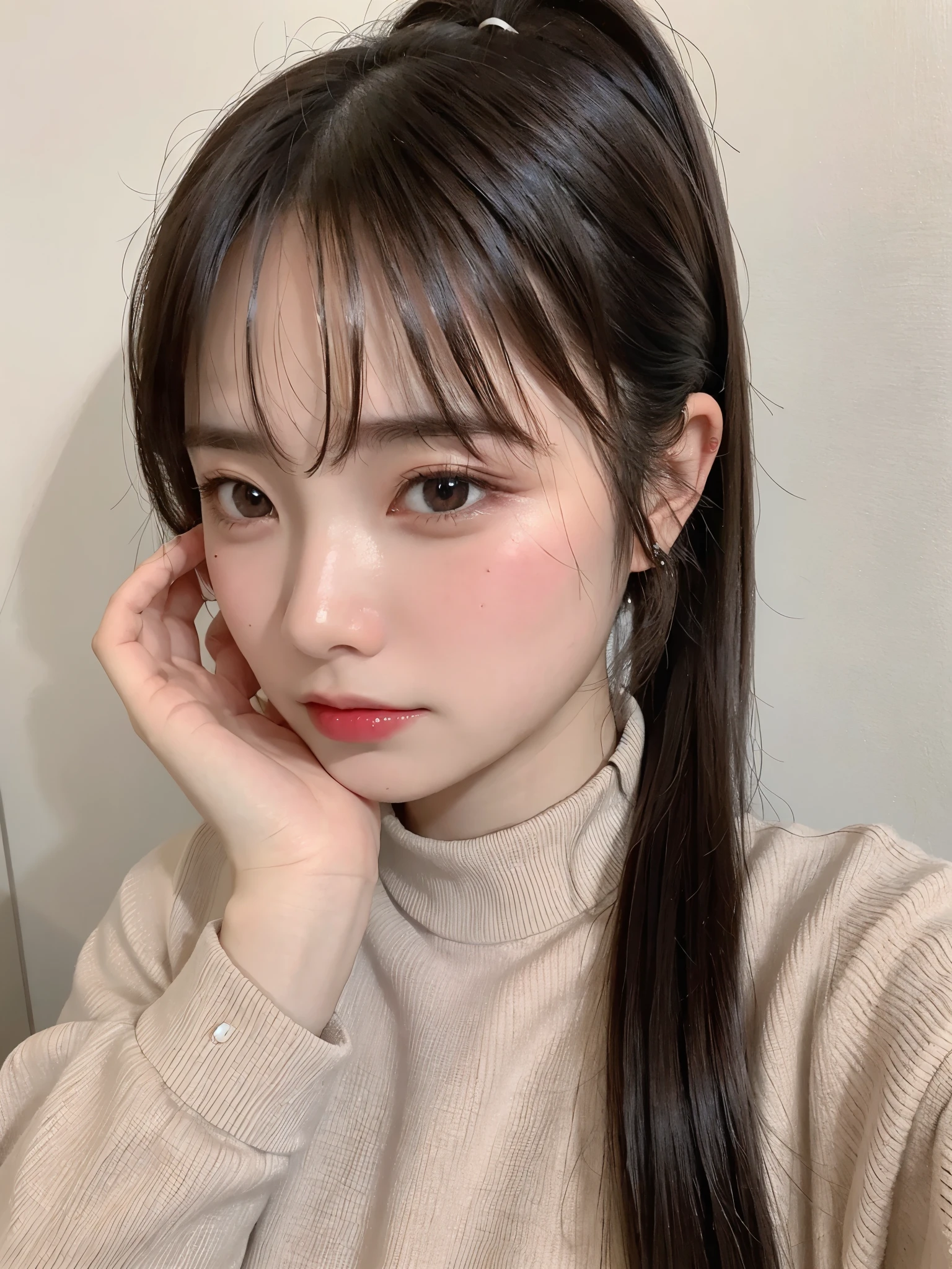 highest quality、8K、ultra high resolution、Super detailed face and eyes、Highly detailed face and skin texture、glowing skin、shiny skin、master piece:1.3、1 girl、A beautiful woman with slim abs as an accent、super detail face、delicate eyes、double eyelid、full shot、ponytail、短めponytail、20-year-old、brown hair、long sleeve、skirt、((cry、crying face、tears))、room
