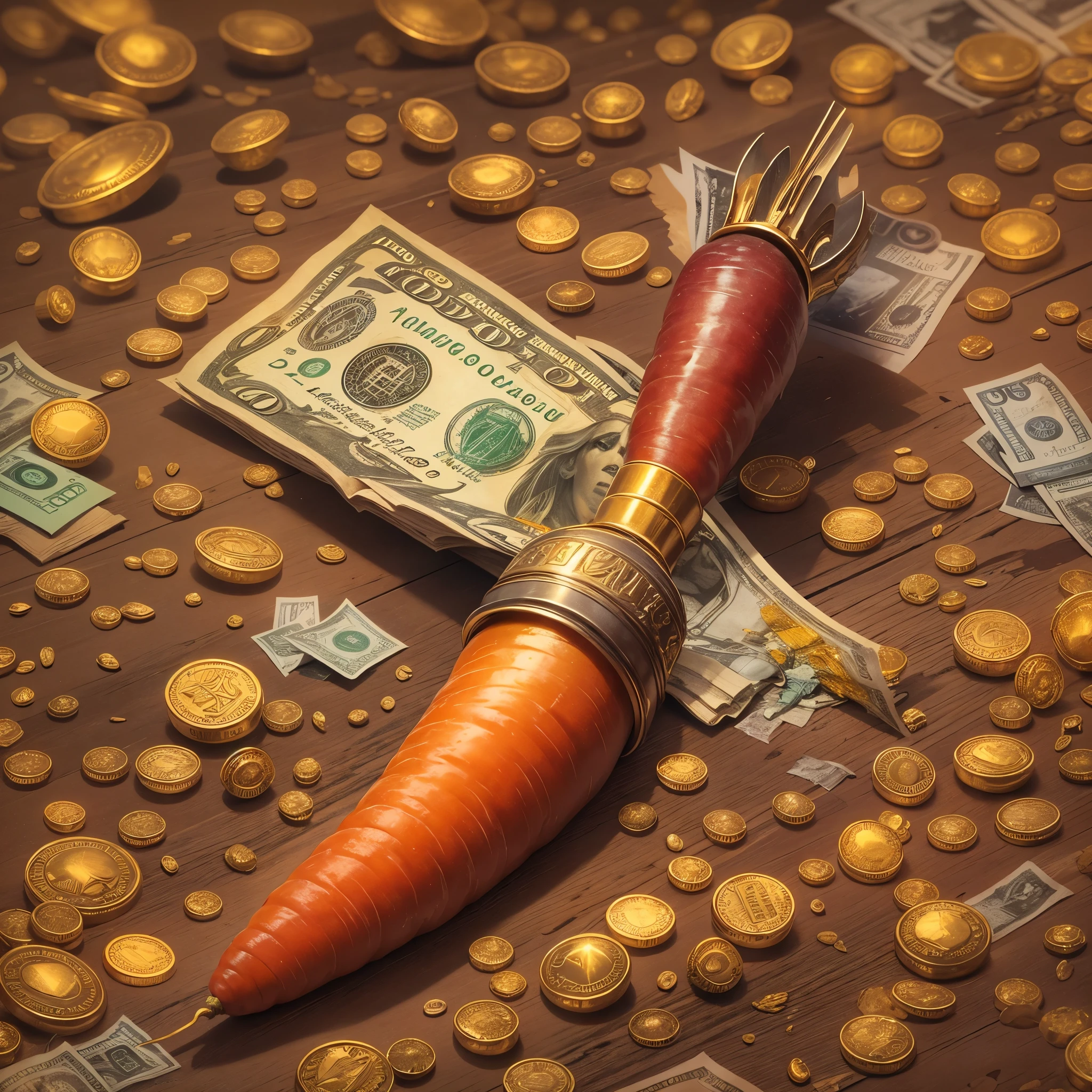 A photorealistic image of a carrot with gold skin, cercada de pepitas de ouro, diamantes, hundred dollar bills and precious stones, palheta de cores vibrantes, multicoloridas, imagem de fundo cor de ouro, the plantation is inside a large gold mine, include the highlighted text at the top of the image “MY COST IS THE WEIGHT OF GOLD” upper case, cores vermelho