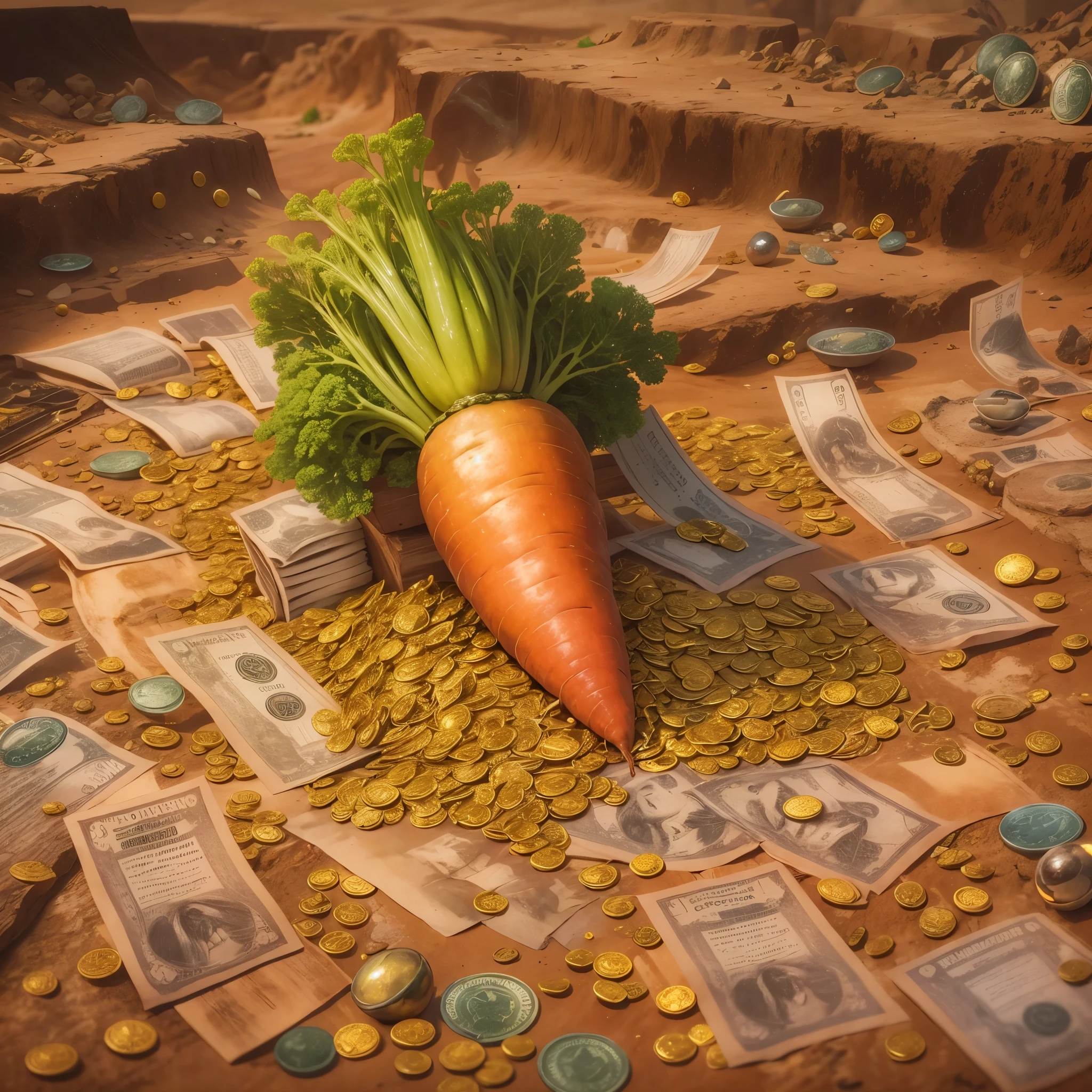 A photorealistic image of a carrot with gold skin, cercada de pepitas de ouro, diamantes, hundred dollar bills and precious stones, palheta de cores vibrantes, multicoloridas, imagem de fundo cor de ouro, the plantation is inside a large gold mine, include the highlighted text at the top of the image “MY COST IS THE WEIGHT OF GOLD” upper case, cores vermelho 
