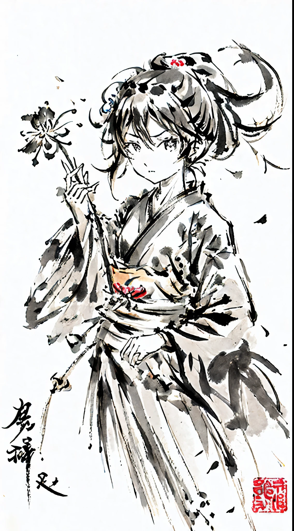 sketch，pencil drawing，ponytail girl，There are small broken flowers on the head，chinese ancient style，samurai clothes，a black and white photo，super fine，Hair is carefully described，The eyes are also carefully drawn.，best quality，8K resolution