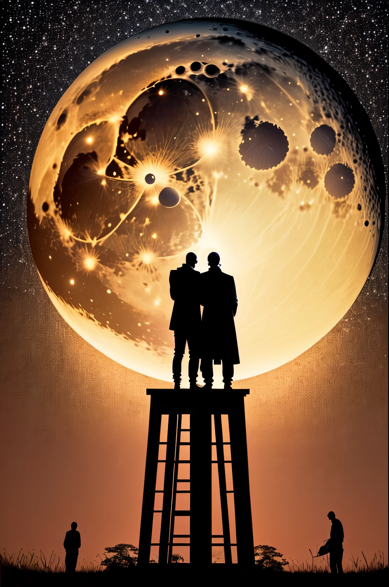 araffes silhouetted against a full moon with a man holding a , looking at the full moon, super moon, in front of a full moon, giant super moon, by John Moonan, sitting on a moon, with full moon in the sky, looking at the moon, at night with full moon, full big moon, photo taken at night