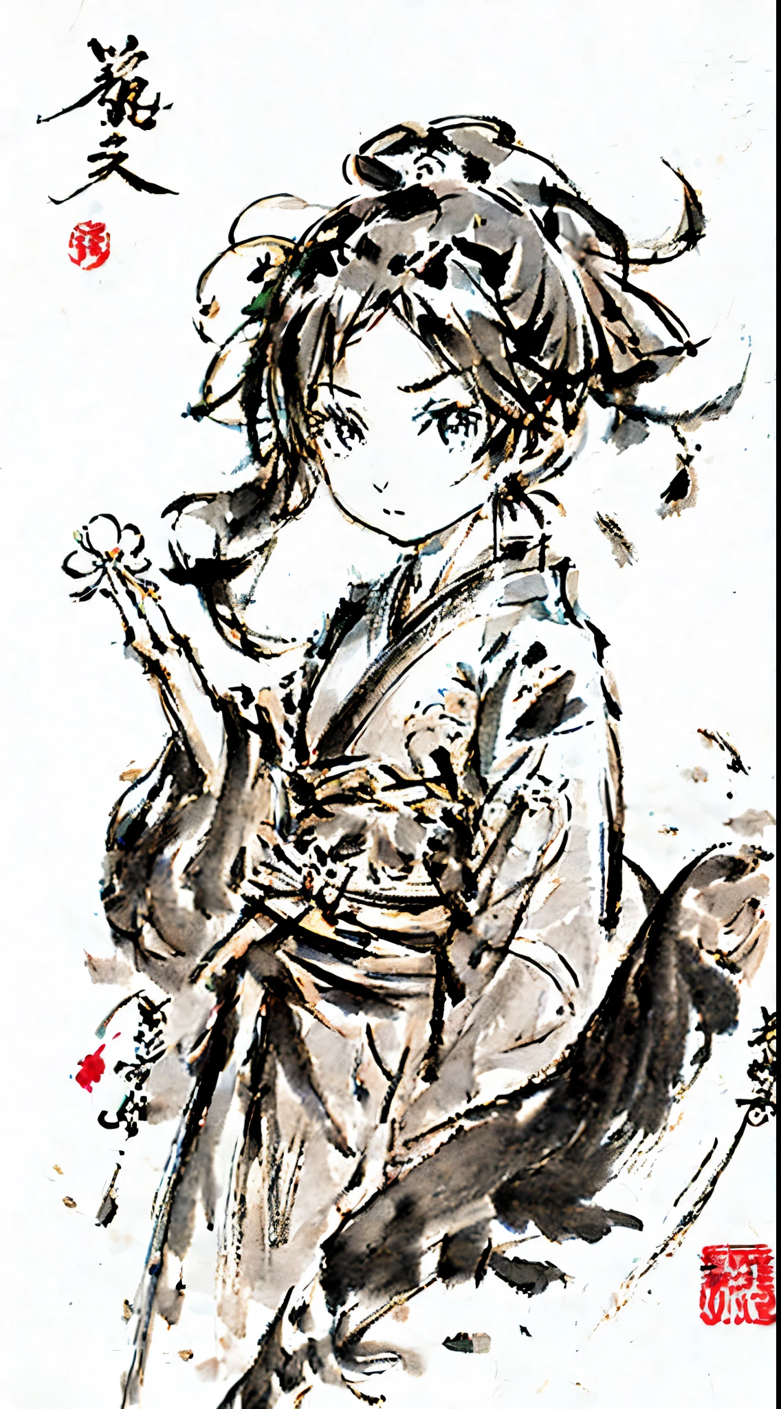 sketch,pencil drawing,ponytail girl,There are small broken flowers on the head,chinese ancient style,samurai clothes,a black and white photo,super fine,Hair is carefully described,The eyes are also carefully drawn.,best quality,8K resolution