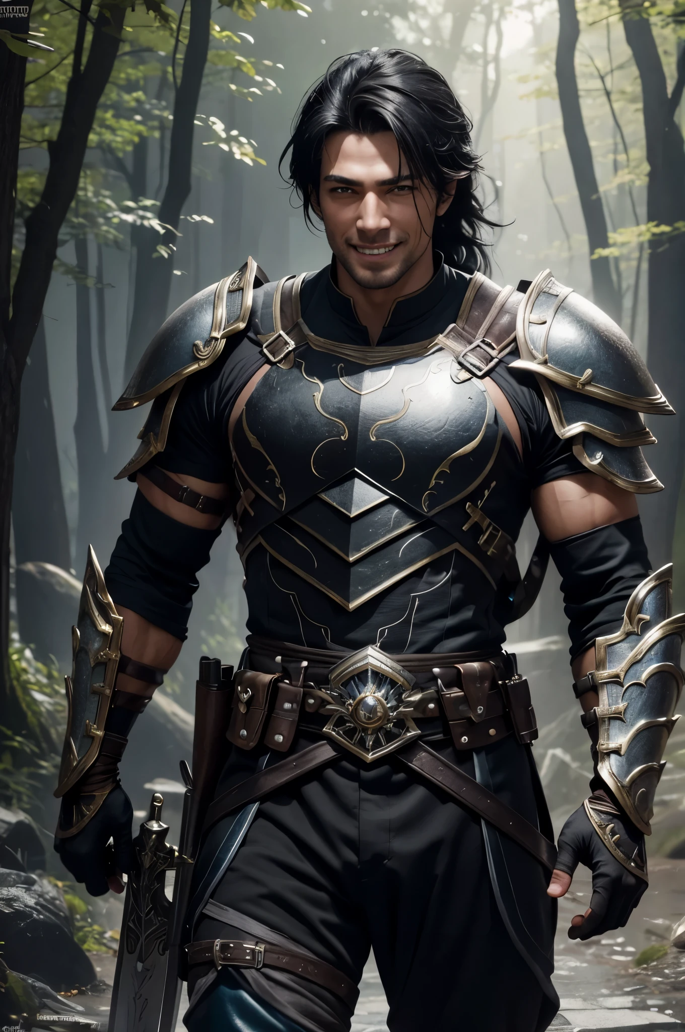 8K,Photoreal,RAW photo(highest quality;1.4) ,(1 adult male),super handsome(lifelike face),black hair medium long,handsome prince with blue eyes,black and brown combat uniform,black and silver pants,Equipped with a long and large sword on his waist,Wearing black leather gloves,Remains,Comical poses,Gwaitz Style,realistic,exact details,unreal engine,beautiful expression,Details of each part,ultra high resolution.超realistic,Charm,foot armor,skin that looks real,fantasy emperor.ultra high resolution,Super realistic,fantasy art,character art,wilderness,toothy smile,muscular and well-trained body,masterpiece,highest qualityのフォトリアリスティックなRAW photo。bright colors,rich colors, Backlight, cinematic lighting, film grain, to be born, 50mm lens, Nikon D850,fantasy art,character art,ultra high resolution,realistic scale skin,Macho with muscular slender body,Violent and strongly cracked abdominal muscles,