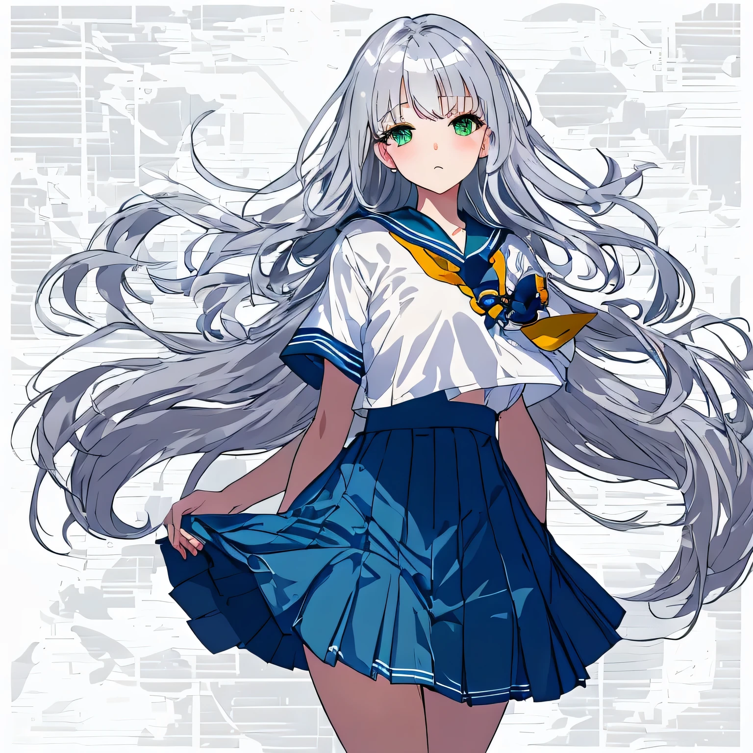 masterpiece, highest quality,shape,sailor suit,slanted eyes,straight hair,silver hair,side parted,super dense skin,calf white socks,surprised,beautiful and detailed eyes,blush,turn your arms behind your back,short sleeve shirt,green eyes,Plump : 1.3,Rear view,navy blue skirt,