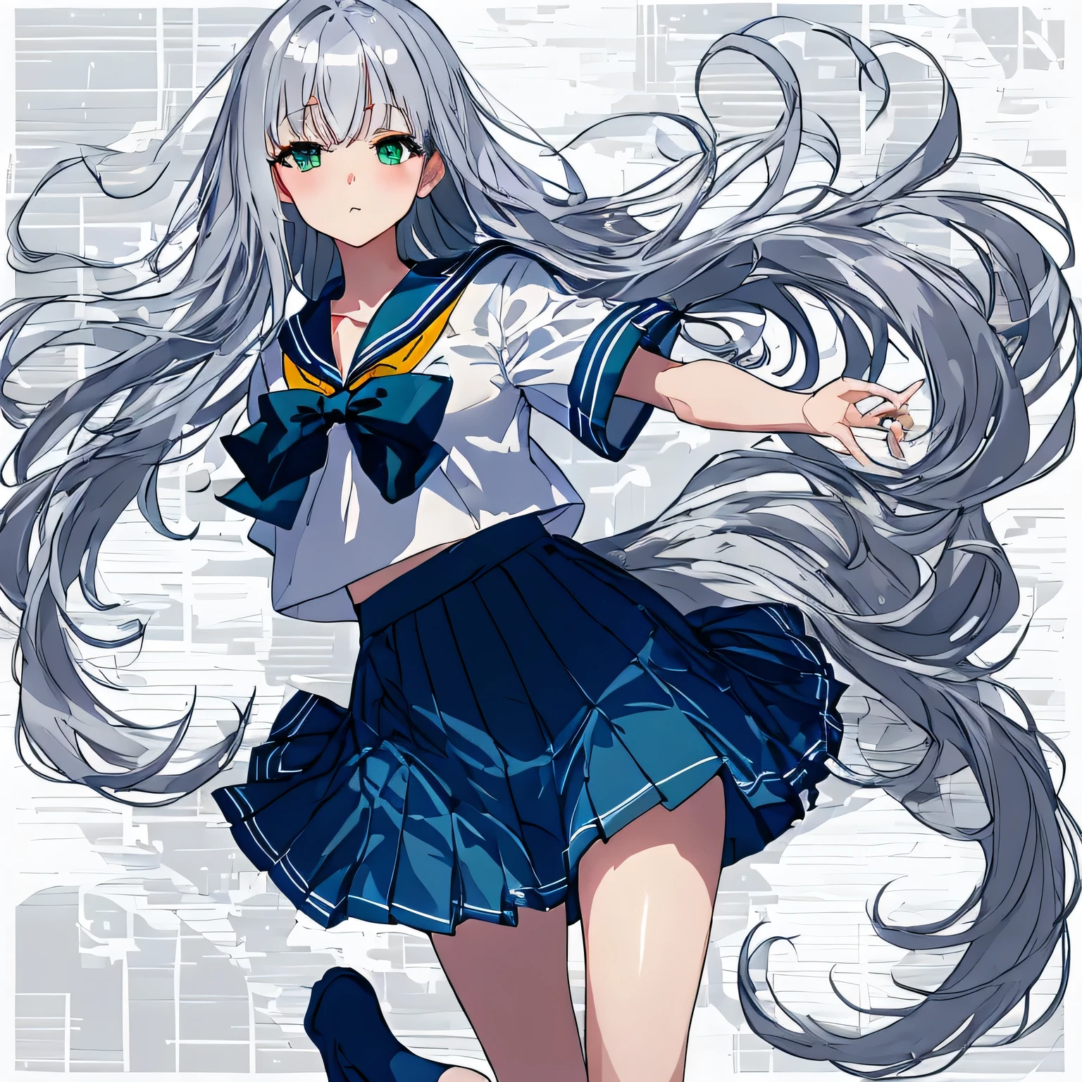 masterpiece, highest quality,shape,sailor suit,slanted eyes,straight hair,silver hair,side parted,super dense skin,calf white socks,surprised,beautiful and detailed eyes,blush,turn your arms behind your back,short sleeve shirt,green eyes,Plump : 1.3,Rear view,navy blue skirt,