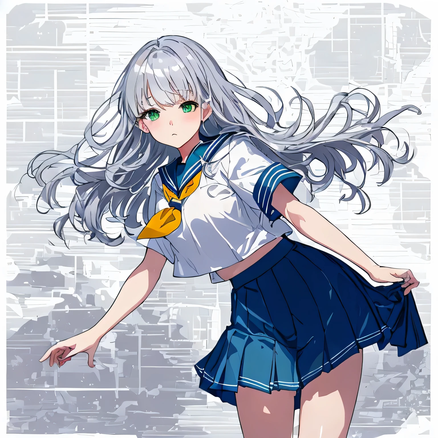 masterpiece, highest quality,shape,sailor suit,slanted eyes,straight hair,silver hair,side parted,super dense skin,calf white socks,surprised,beautiful and detailed eyes,blush,turn your arms behind your back,short sleeve shirt,green eyes,Plump : 1.3,Rear view,navy blue skirt,