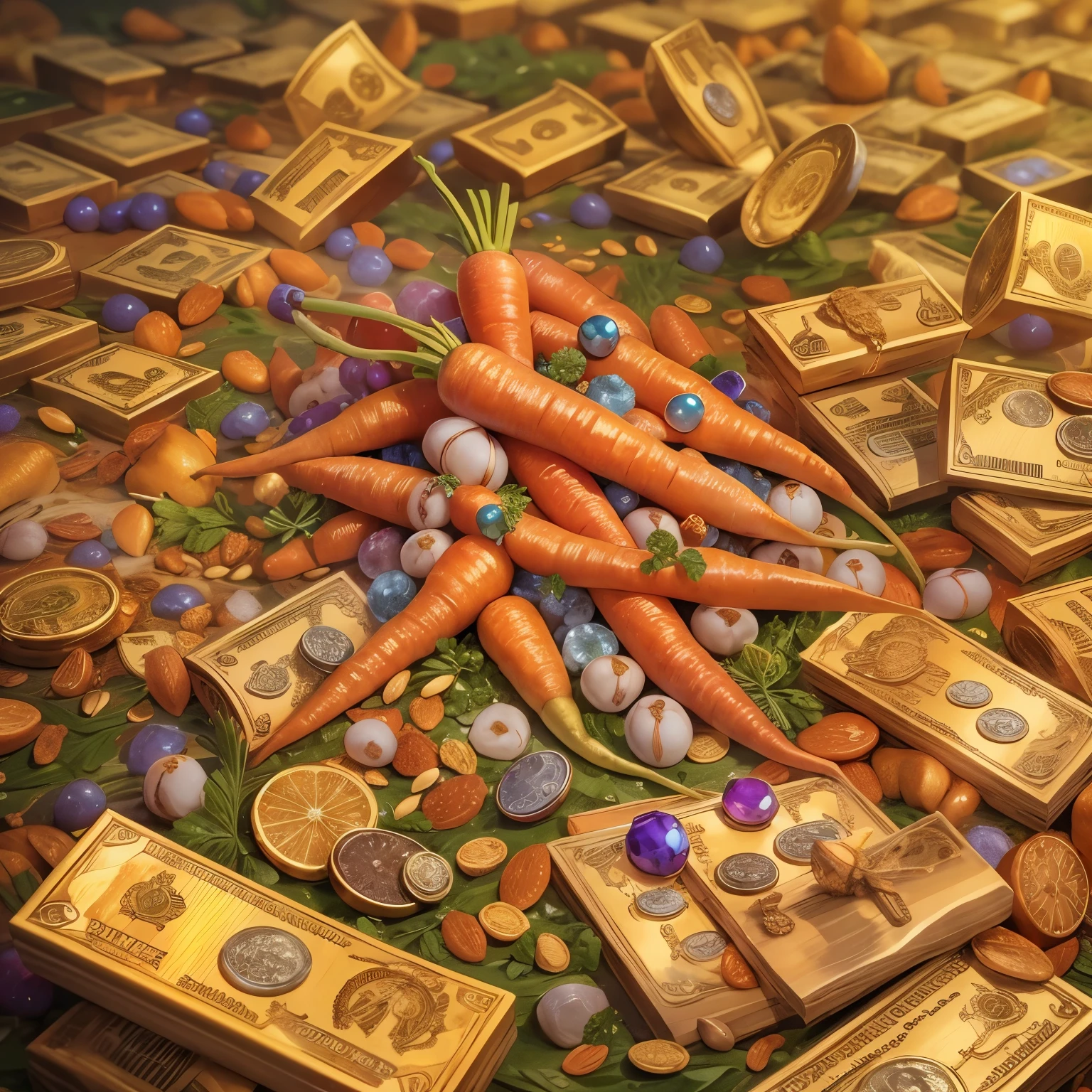 A photorealistic image of a carrot with gold skin, cercada de pepitas de ouro, diamantes, hundred dollar bills and precious stones, palheta de cores vibrantes, multicoloridas, imagem de fundo cor de ouro, the plantation is inside a large gold mine, include the highlighted text at the top of the image “MY COST IS THE WEIGHT OF GOLD” upper case, cores vermelho 
