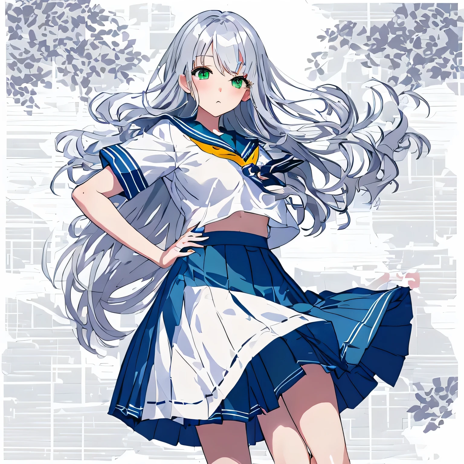 masterpiece, highest quality,shape,sailor suit,slanted eyes,straight hair,silver hair,side parted,super dense skin,calf white socks,surprised,beautiful and detailed eyes,blush,turn your arms behind your back,short sleeve shirt,green eyes,Plump : 1.3,Rear view,navy blue skirt,